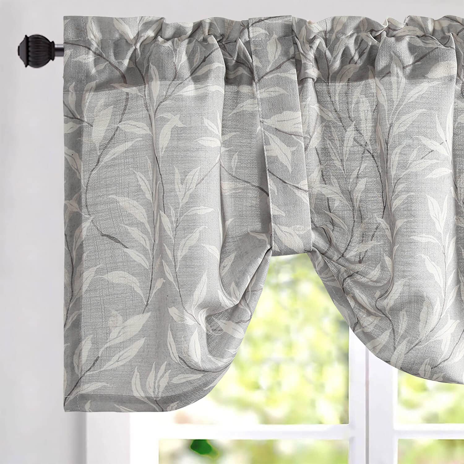 VOGOL Grey Leaves Print Curtain Valance, Linen Textured Tie Up Window Shade Rod Pocket Tie-up Adjustable Valances for Bathroom, 