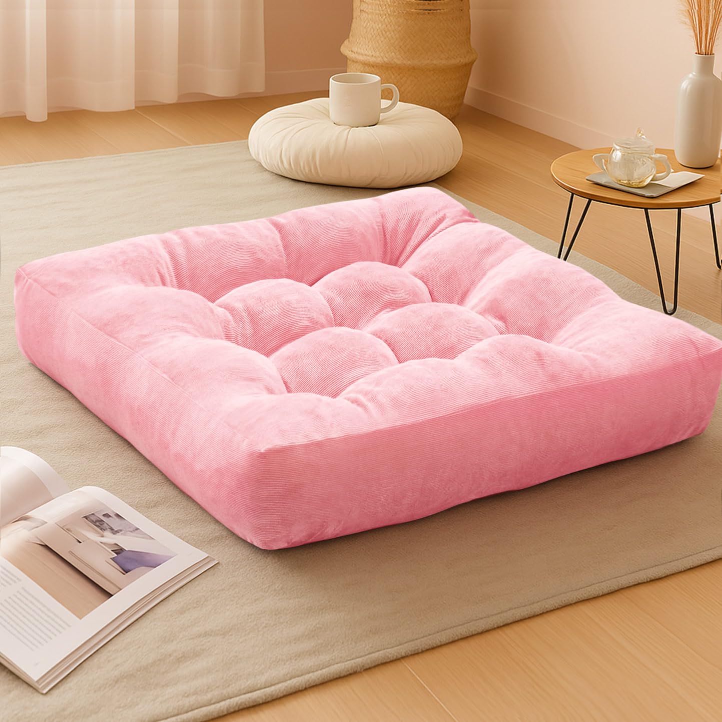 Meditation Floor Pillow Pink, Square Large Pillows Seating for Adults, Tufted Corduroy Cushion for Living Room Tatami, 22x22 Inc