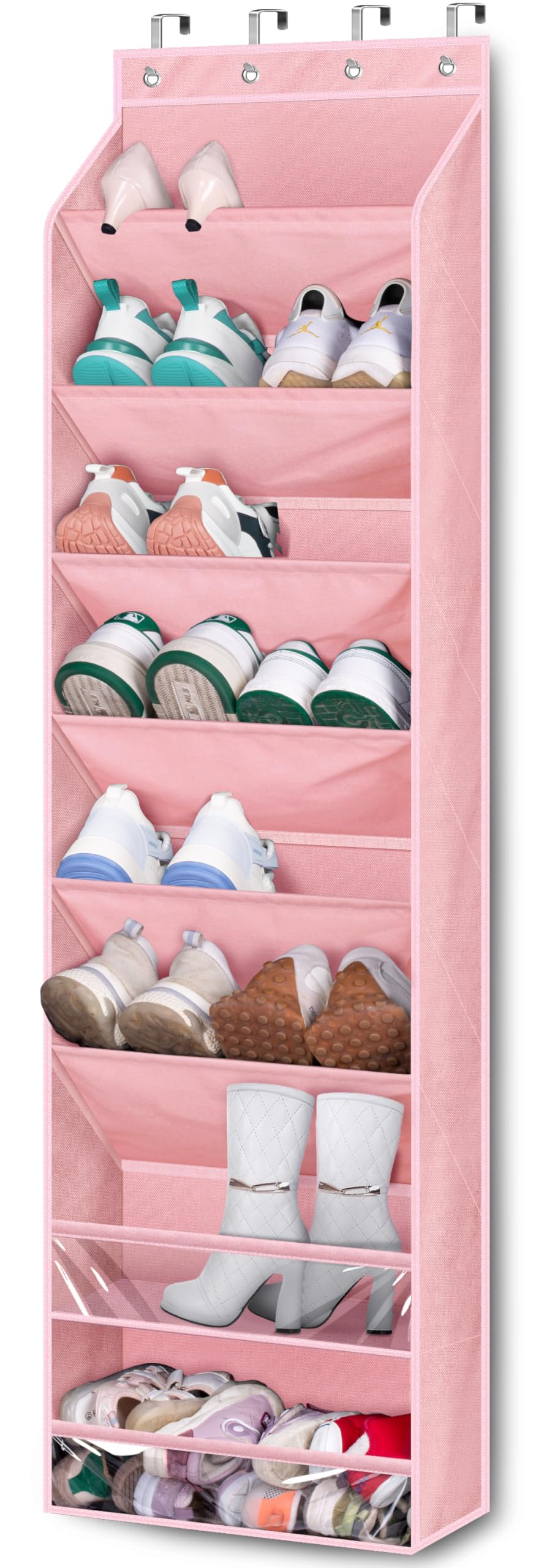 KEETDY Over The Door Shoe Organizer Fit 20 Pairs Sneakers Large Hanging Shoe Organizer for Closet Door Storage Boots, Pink