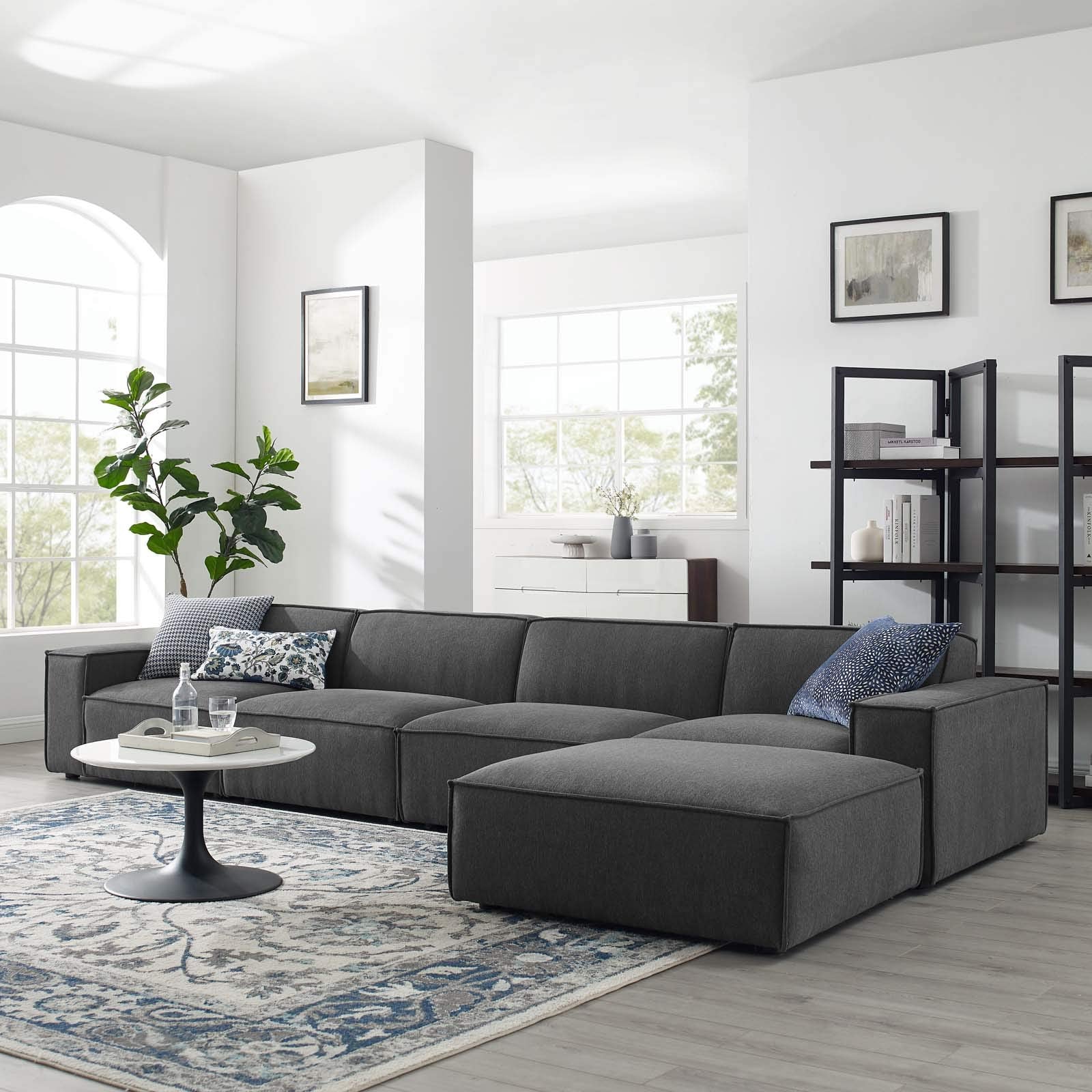 Modway Restore 5-Piece Upholstered Sectional Sofa in Charcoal