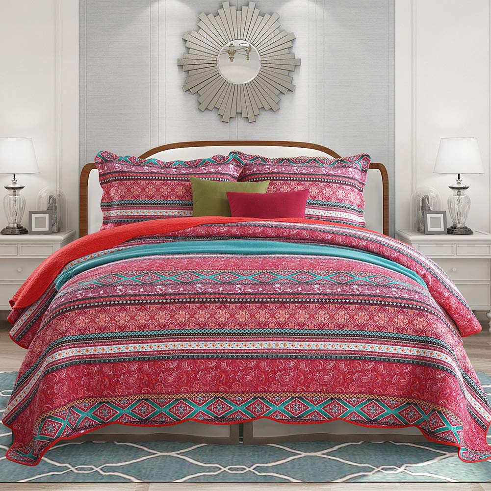 NEWLAKE Cotton Bedspread Quilt Sets-Reversible Patchwork Coverlet Set, Striped Bohemian Pattern,Queen Size