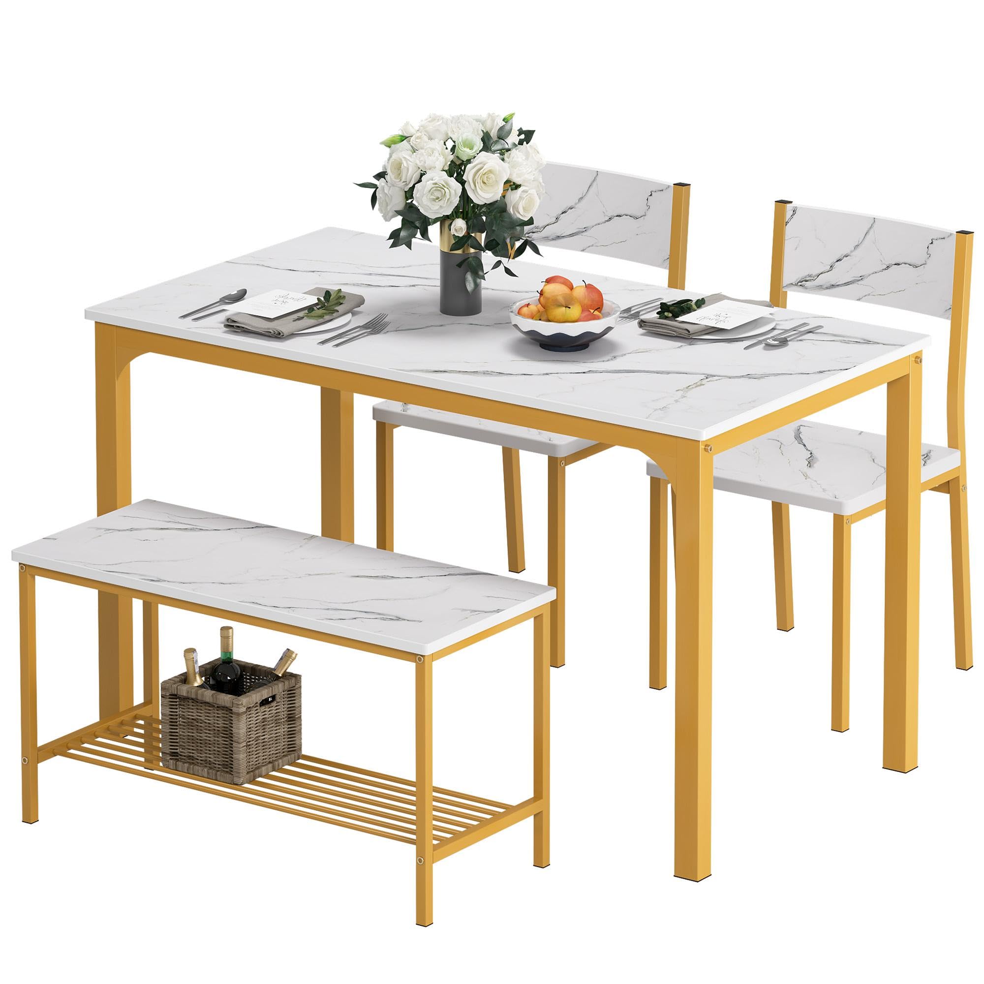 soges 4 Person Dining Table Set,43.3 inch Kitchen Table Set for 4,2 Chairs with Backrest,2-Person Bench with Storage Rack,Nestin