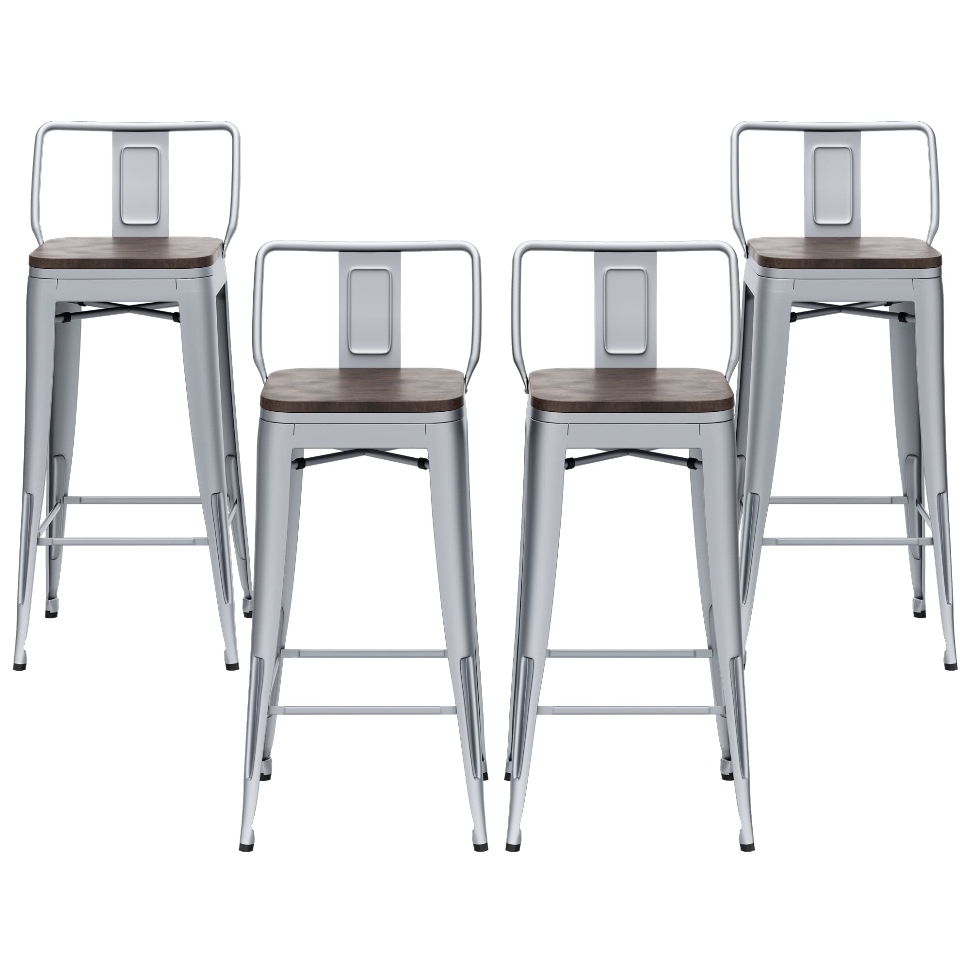 HAOBO Home 30 Low Back Metal Counter Bar Stools Height Barstools with Wooden Seat [Set of 4] Bar Chairs, Silver