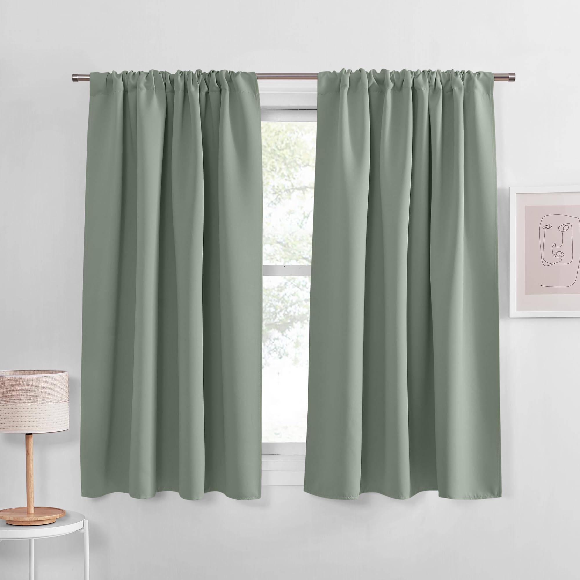 PONY DANCE Sage Green Blackout Kitchen Curtains 45 inch Long, Thermal Insulated Short Curtains for Bedroom, Rod Pocket Room Dark