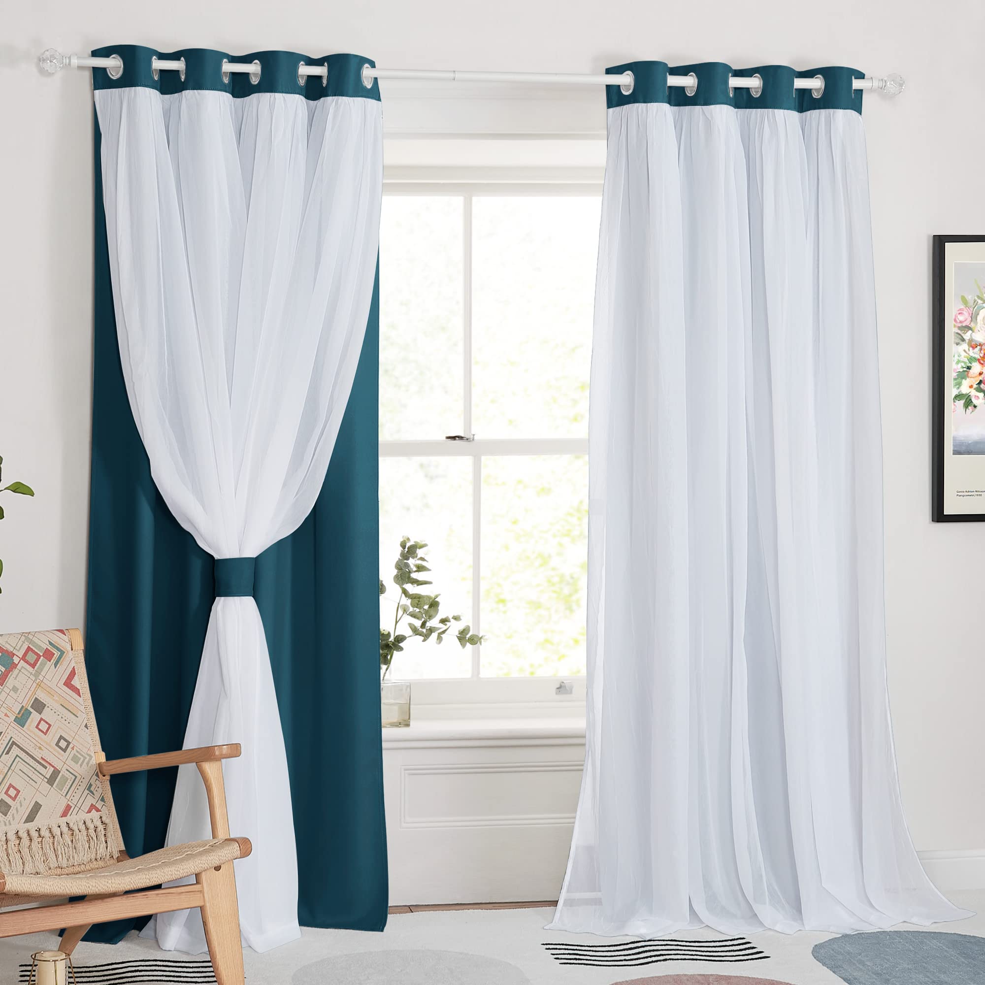 PONY DANCE 2 Layers Curtains Set - Room Darkening Mix & Match Room Darkening Curtains with White Sheer Voile, 52 Wide and 84 Lon