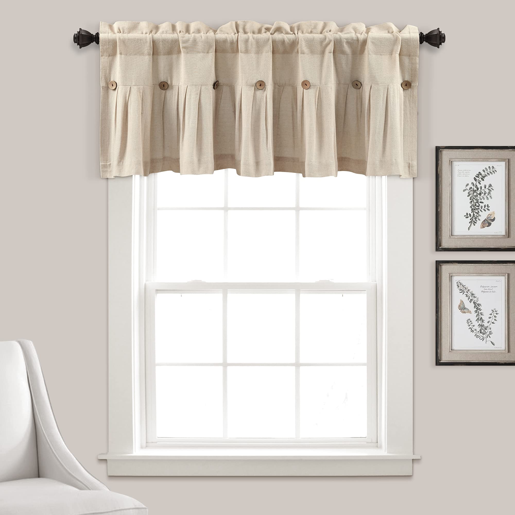 Lush Decor Linen Button Farmhouse Valance, 84 W x 18 L, Dark Linen - Kitchen Curtains Valances - Valances for Windows - Curtain 