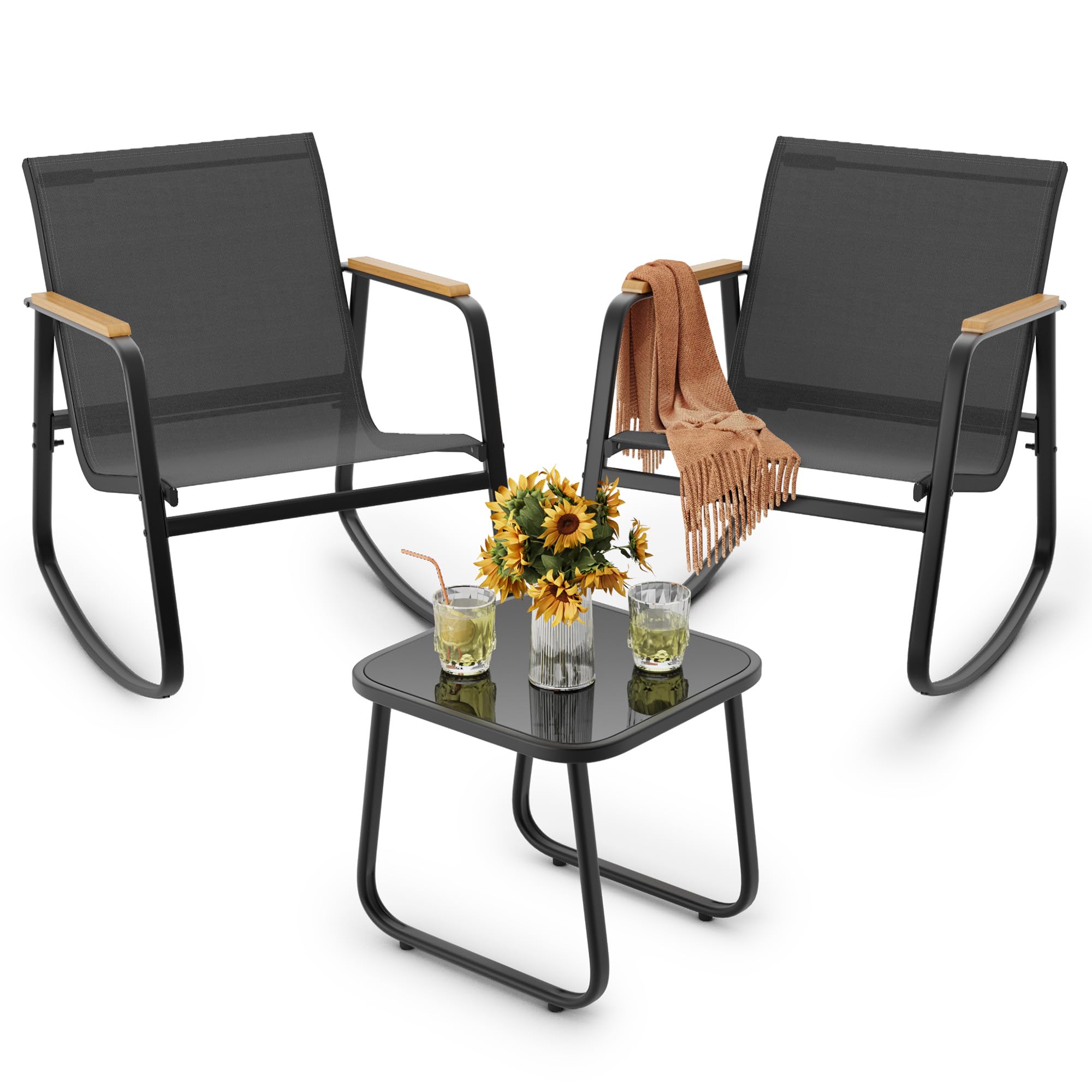 Ahomly 3 Pieces Patio Furniture Set Textilene Fabric Outdoor Patio Rocking Bistro Set with Wooden Armrests and Coffee Table for 