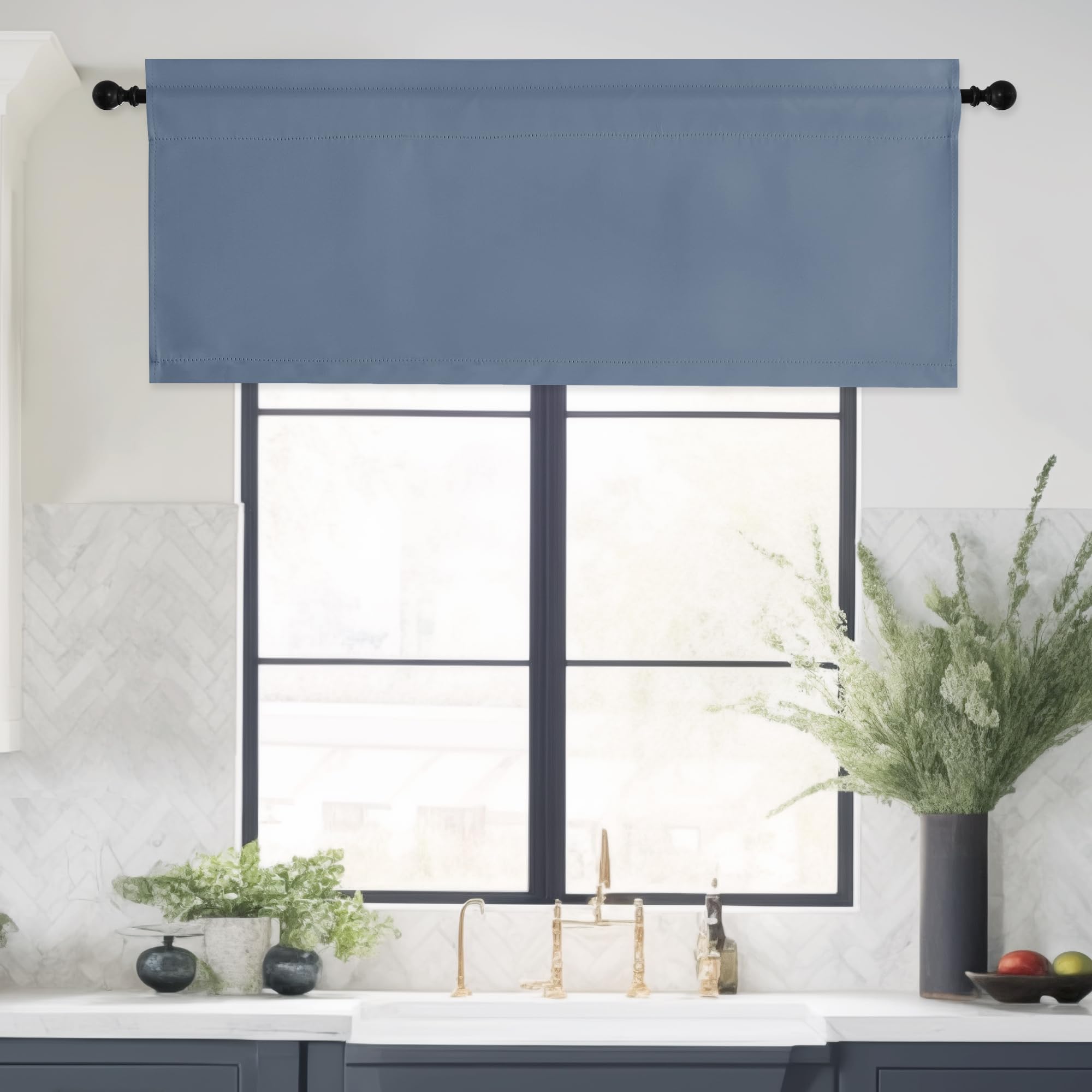 NICETOWN Stone Blue Farmhouse Valance - Rust Small Valance for Windows 42x16 Inch Solid Blackout Rod Pocket Kitchen Short Curtai