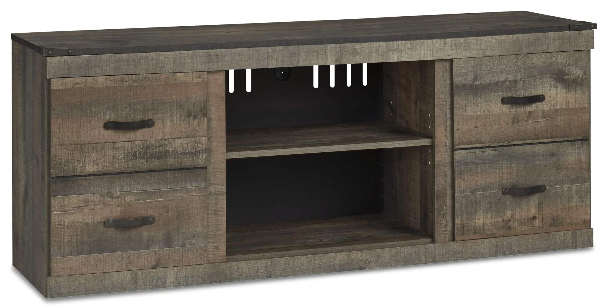 Signature Design by Ashley Trinell Vintage Large TV Stand up to 60 with 3 Adjustable Shelves and Fireplace Option, Dark Brown
