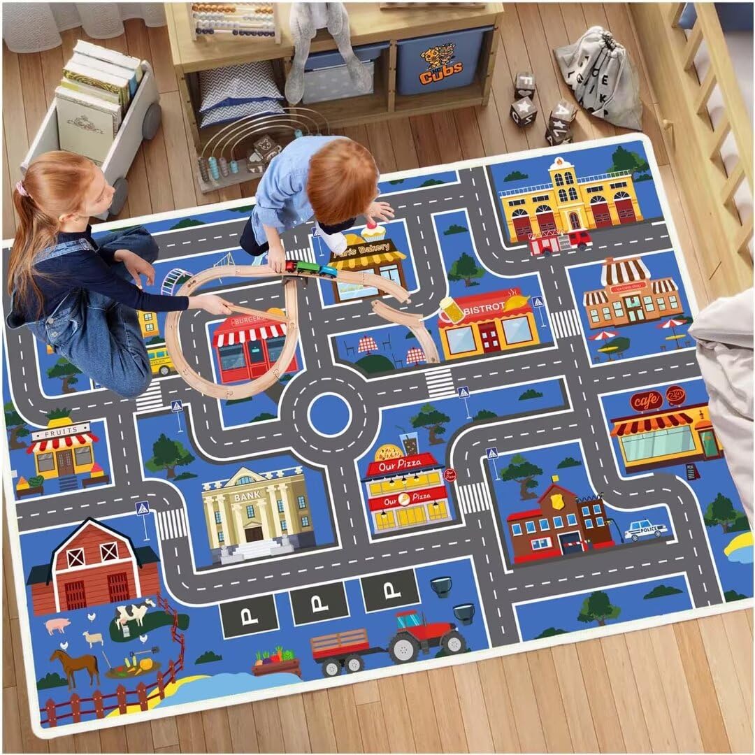 Xyrjova Car Play Mat for Boys and Girls, Non-Slip Kids Play Rug Car Rugs for Kids Toy Cars Kids Playroom Rug Road Rug for Kids