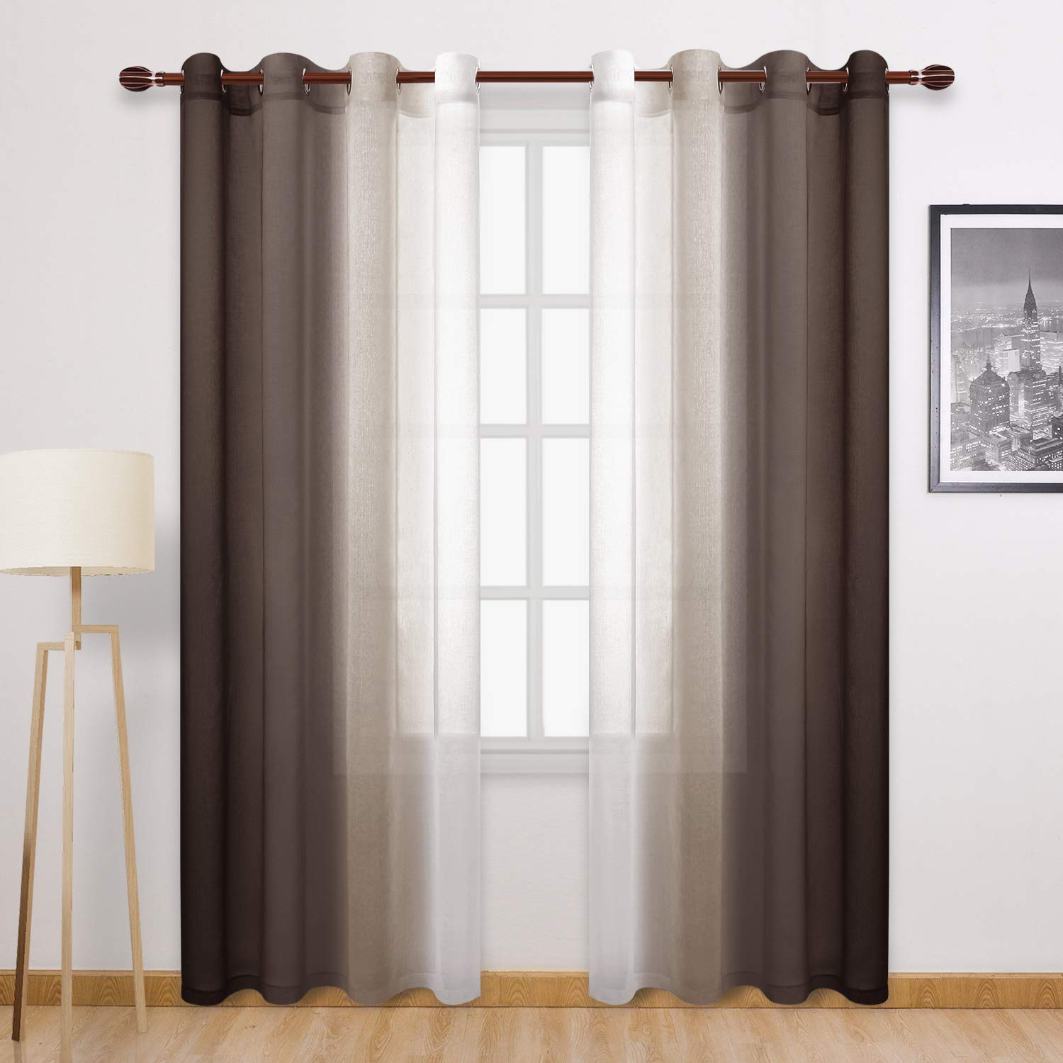 DWCN Brown Faux Linen Ombre Sheer Curtains - Gradient Semi Voile Curtains for Bedroom and Living Room, Set of 2 Grommet Top Wind