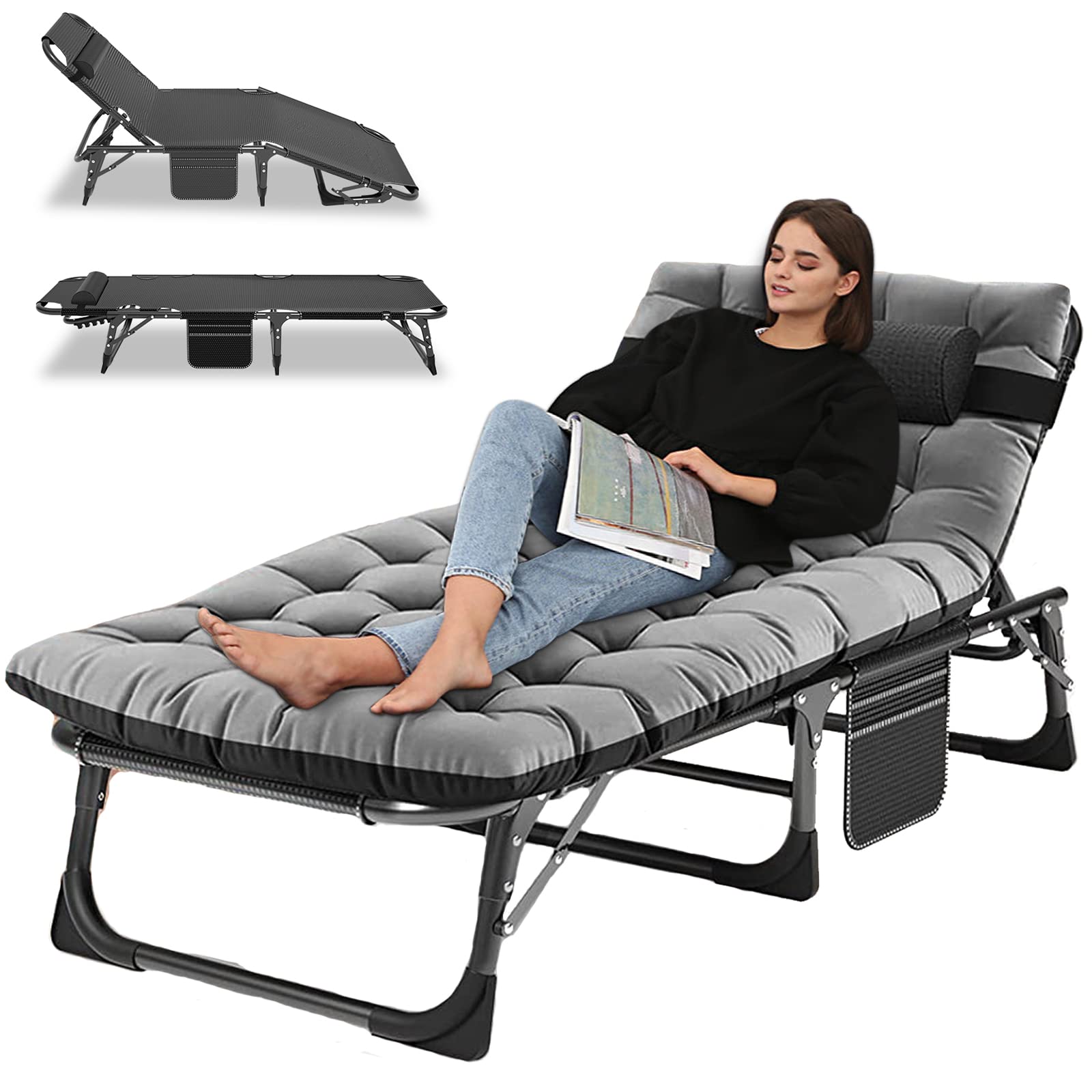 Camping Cot, Adjustable 4-Position Adults Reclining Folding Chaise with Pillow, Outdoor Portable Lounge Chair Sleeping Cots Bed,