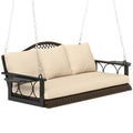 Outsunny 3 Person Wicker Porch Swing Chair Heavy Duty 800 LBS with Cup Holder, 57 Inch Outdoor Rattan Patio Hanging Swing Bench 