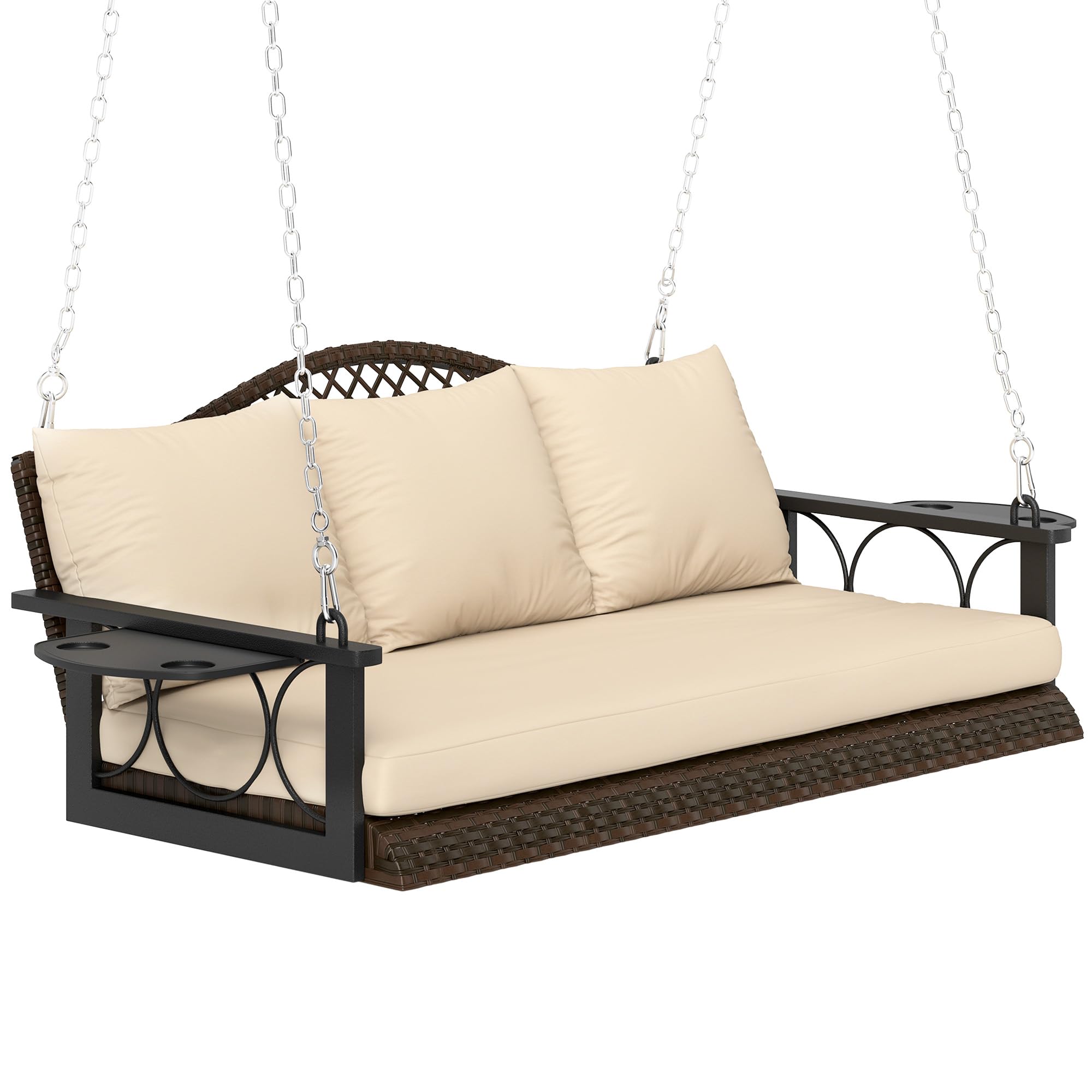 Outsunny 3 Person Wicker Porch Swing Chair Heavy Duty 800 LBS with Cup Holder, 57 Inch Outdoor Rattan Patio Hanging Swing Bench 