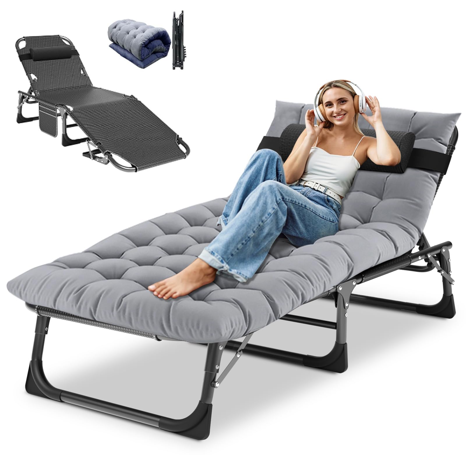 DoCred Folding Chaise Lounge Chair, Folding Cot, 5-Position Adjustable Heavy Duty Patio Chaise Lounges for Outside, Poolside, Be