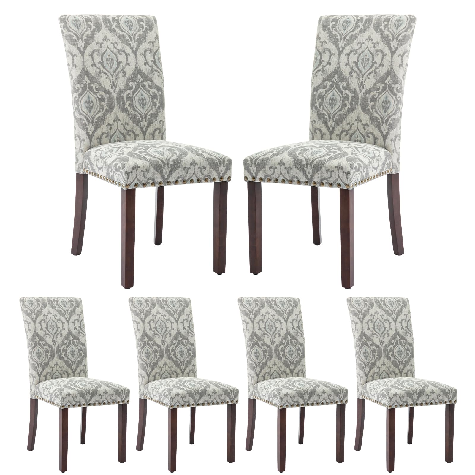 COLAMY Upholstered Parsons Dining Chairs Set of 6, Fabric Dining Room Kitchen Side Chair with Nailhead Trim and Wood Legs - Grey