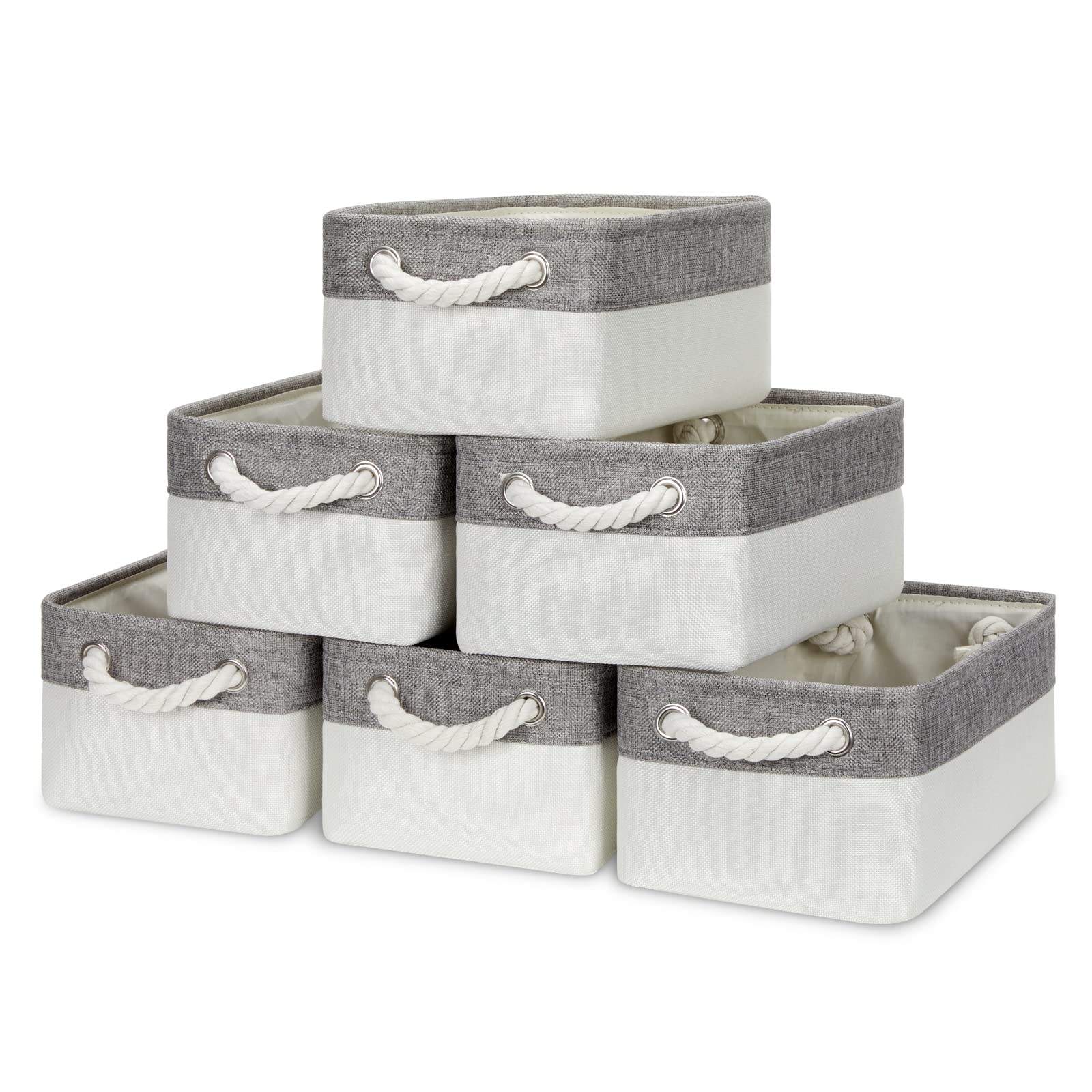 Bidtakay Small Fabric Storage Bins for Closet & Bathroom - Set of 6 Grey & White Baskets - Organizers for Pantry & Kids Bedroom
