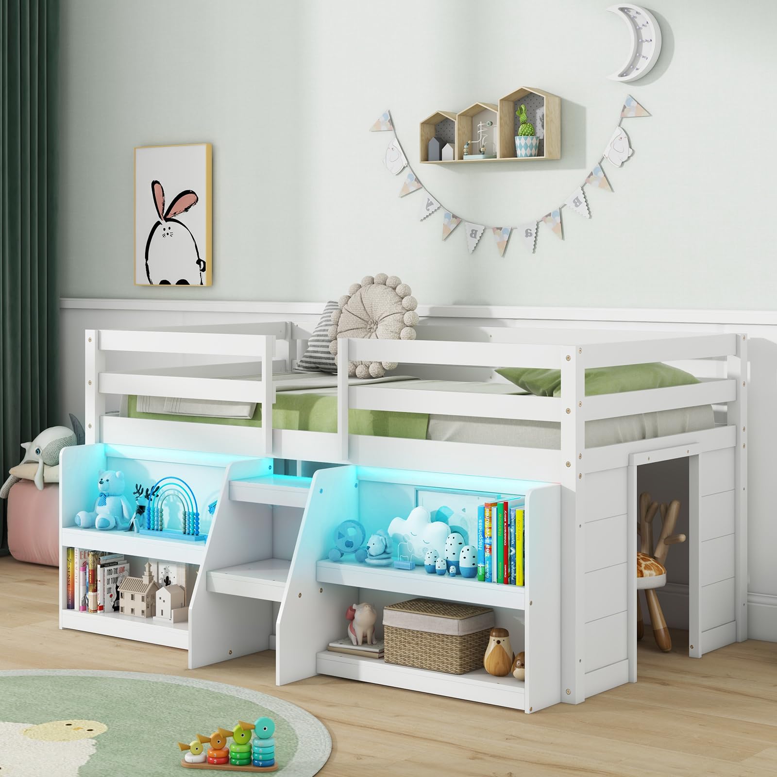Giantex Low Loft Bed with LED Lights, Wooden Twin Loft Bed with Stairs & Safety Guardrail, Loft Bed Twin Size with Storage Bookc