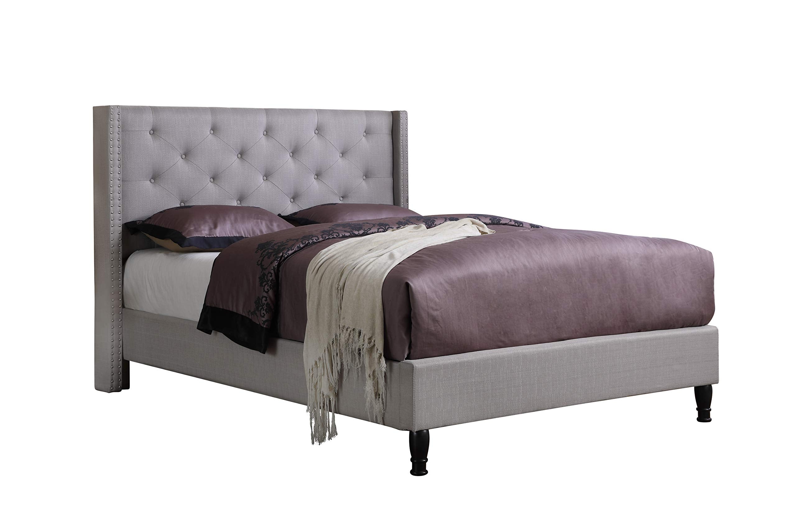 Home Life Premiere Classics Cloth Light Grey Silver Linen 51 Tall Headboard Platform Bed with Slats Queen- Complete Bed 5 Year W