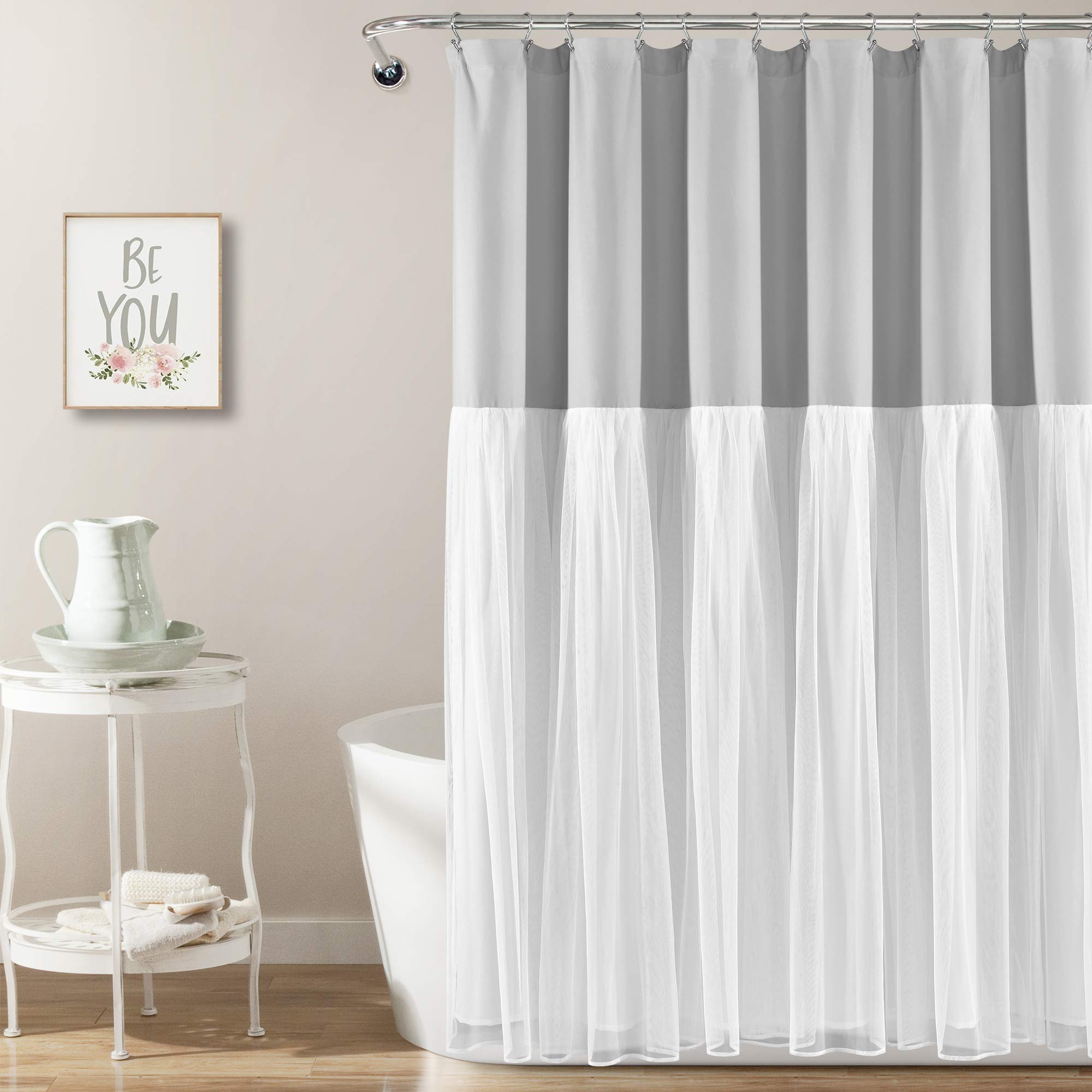 Lush Decor Tulle Skirt Colorblock Shower Curtain, 72 x 72, Light Gray & White