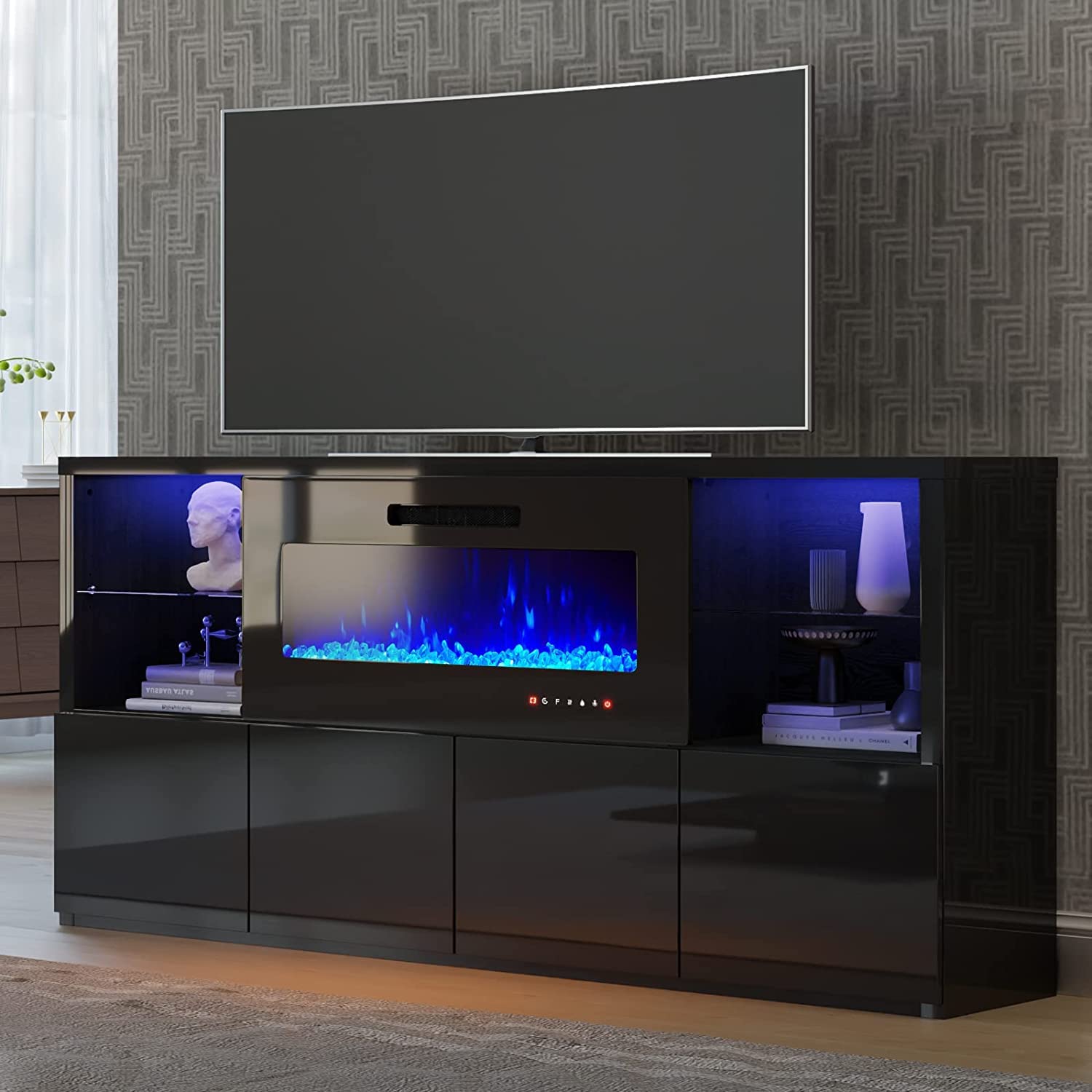 AMERLIFE 68 Fireplace TV Stand with 40 Fireplace, Modern High Gloss Fireplace Entertainment Center with LED Lights for TVs up to