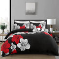 Menghomeus Black Comforter Set Queen - Red and White Floral Comforter with 2 Pillowcases Modern Bedding Sets Lightweight Boho Be