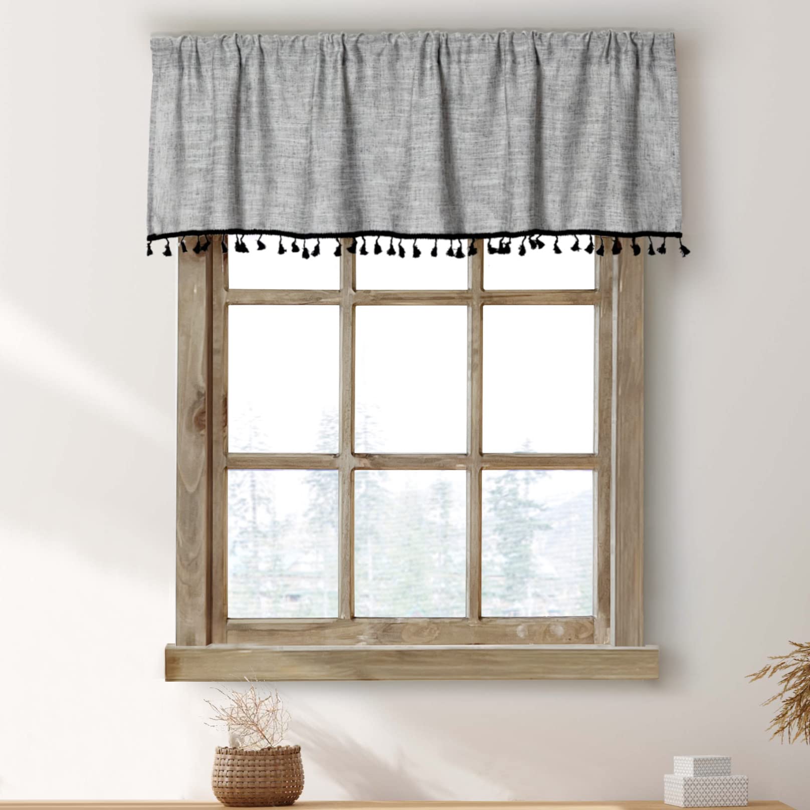 2 Pack Boho Tassel Kitchen Valances for Windows Modern Farmhouse Cotton Linen Valance Curtains Topper Country Rustic Bathroom Sm