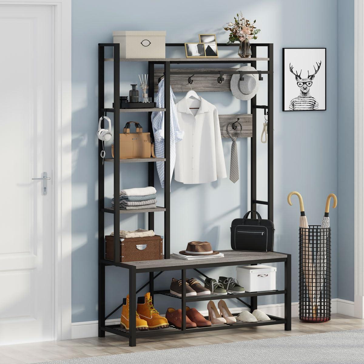 BON AUGURE Industrial Hall Tree with Bench and Shoe Storage, Grey Entryway Bench with Coat Rack, Wooden Metal Coat Tree with Hoo