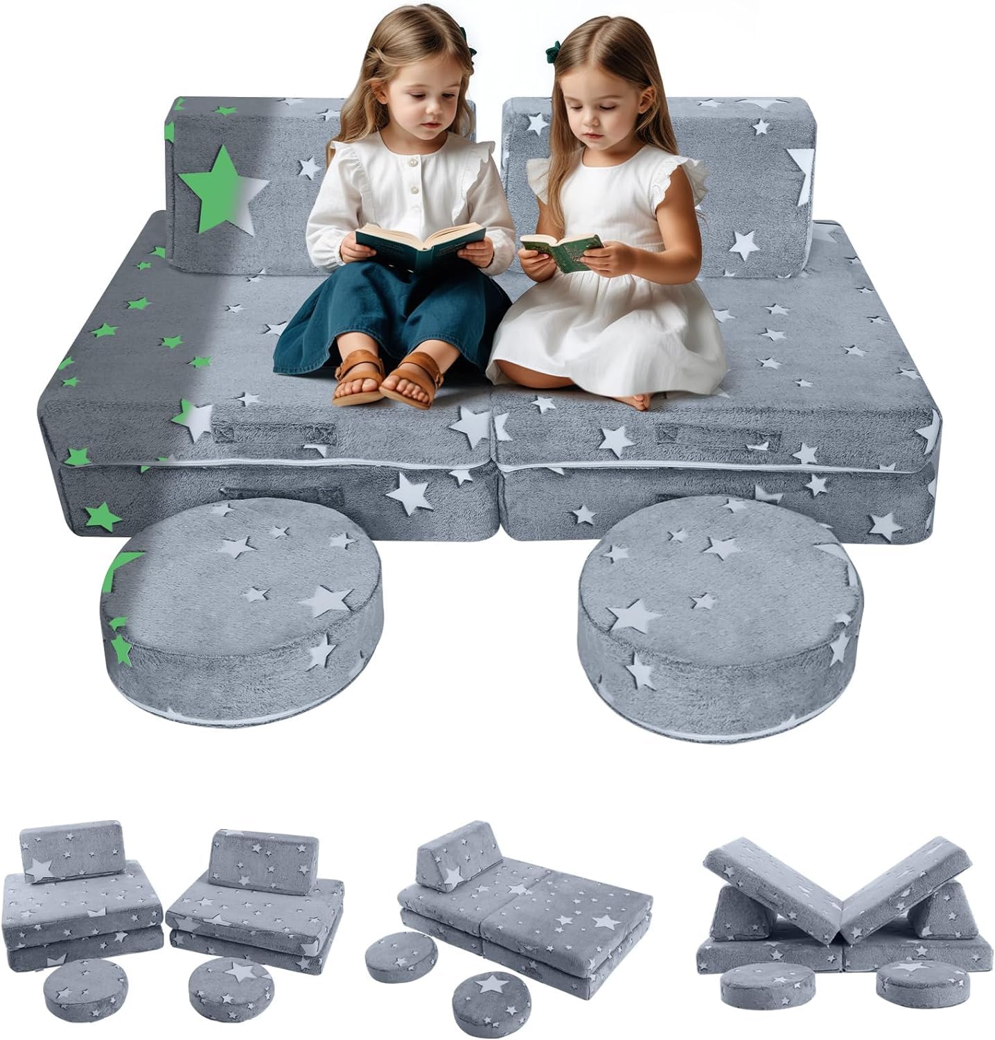 MeMoreCool 8-Piece Kids Modular Play Couch - Glow-in-The-Dark Star Foam Sofa Set for Toddlers, Convertible Fort Building & Climb