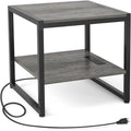 Homieasy End Table with Charging Station, 20 Inch Mini Fridge Stand with 2-Tier Open Shelf, Square Bedside Nightstand & Sofa Sid