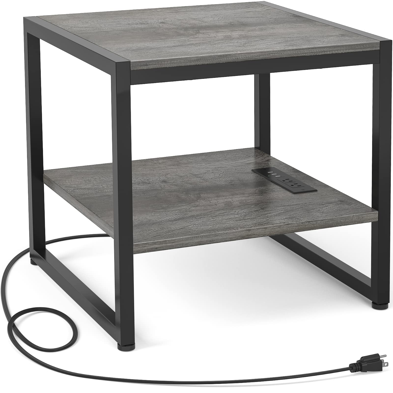 Homieasy End Table with Charging Station, 20 Inch Mini Fridge Stand with 2-Tier Open Shelf, Square Bedside Nightstand & Sofa Sid