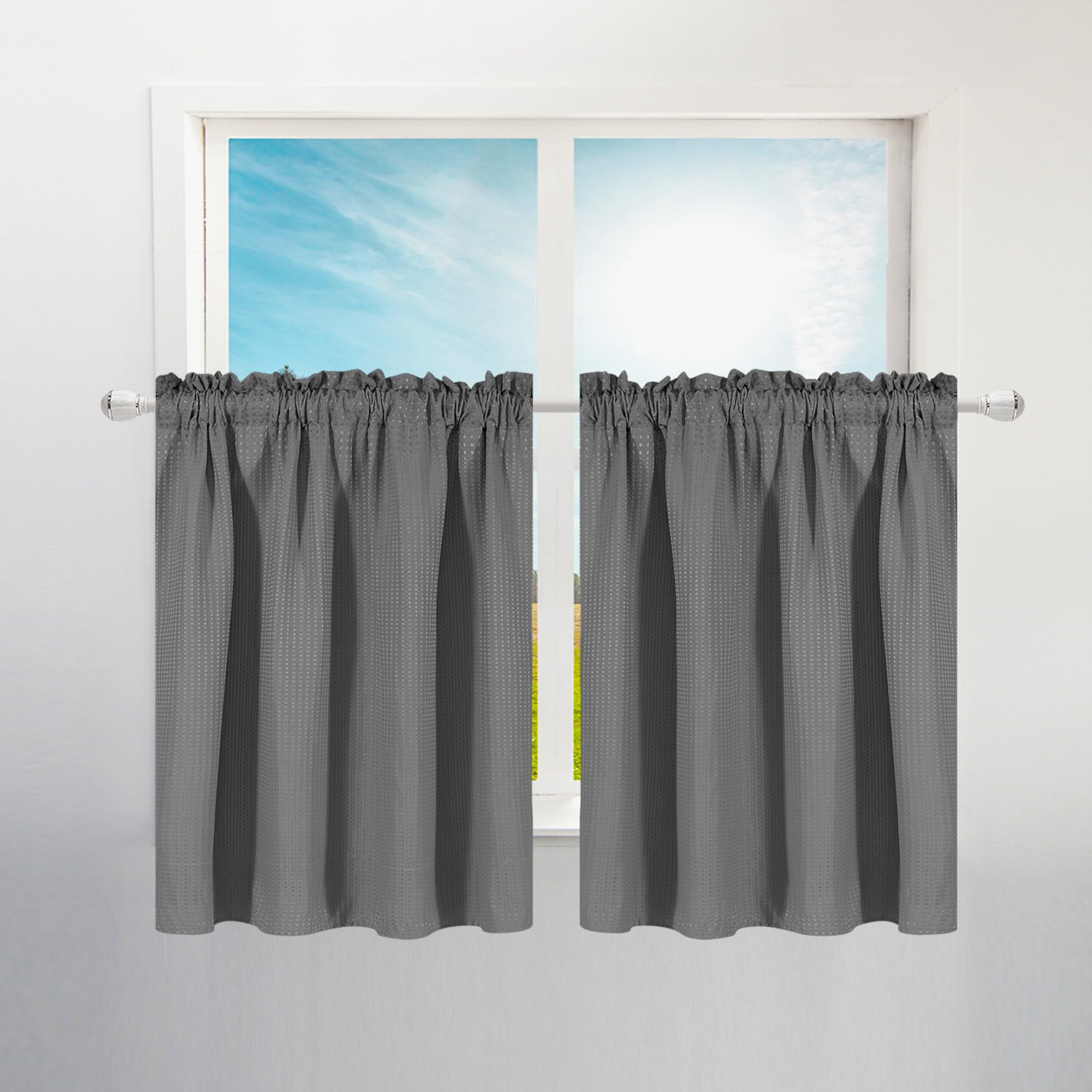 Waffle Weave Half Window Tier Curtains: 36 Inch Short Length for Small Window in Kitchen & Bathroom, Waterproof and Washable - G