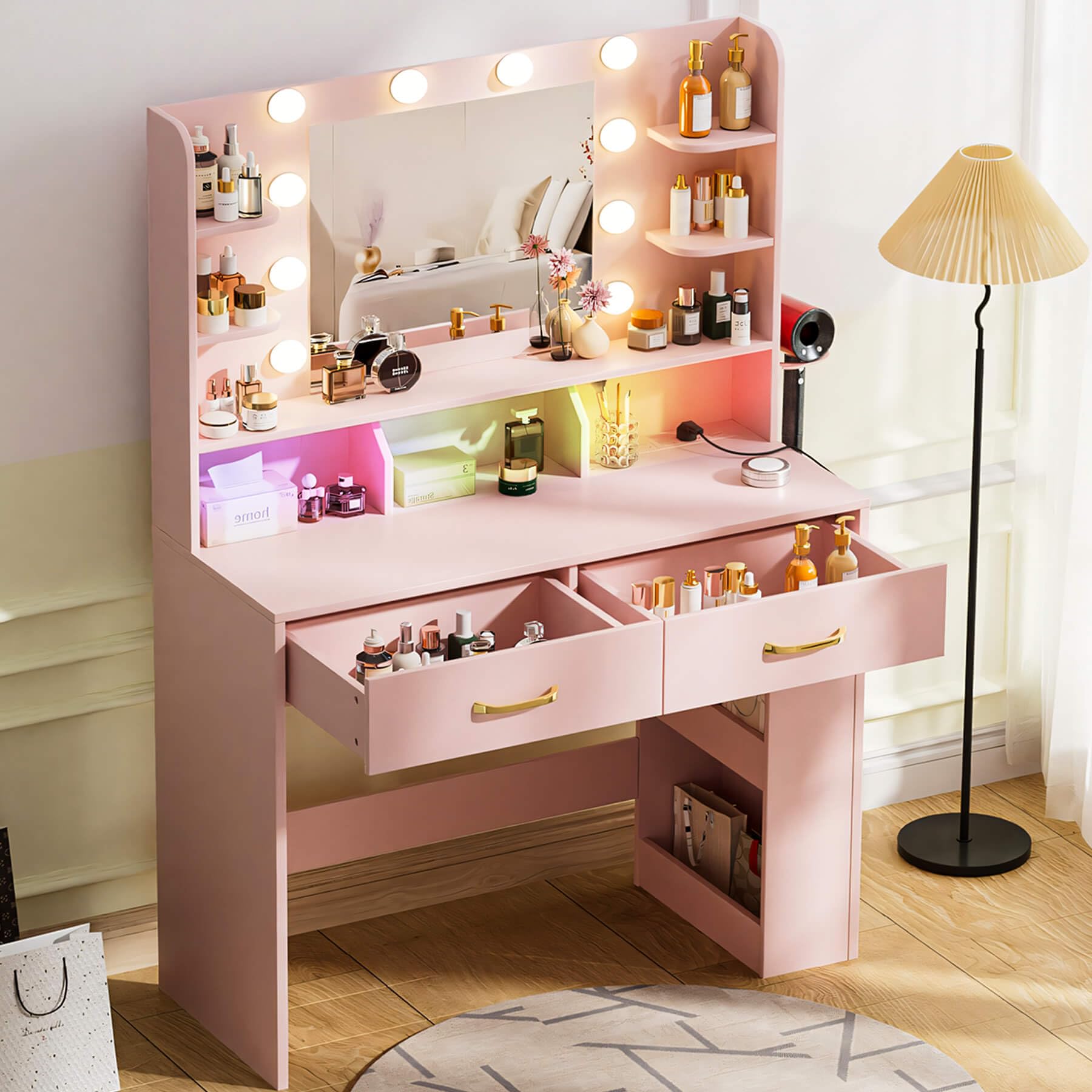 COMHOMA Vanity Desk with Lighted Mirror and Power Outlet, RGB LED Lights Makeup Vanity Set for Girls, Large Storage Capacity Dre