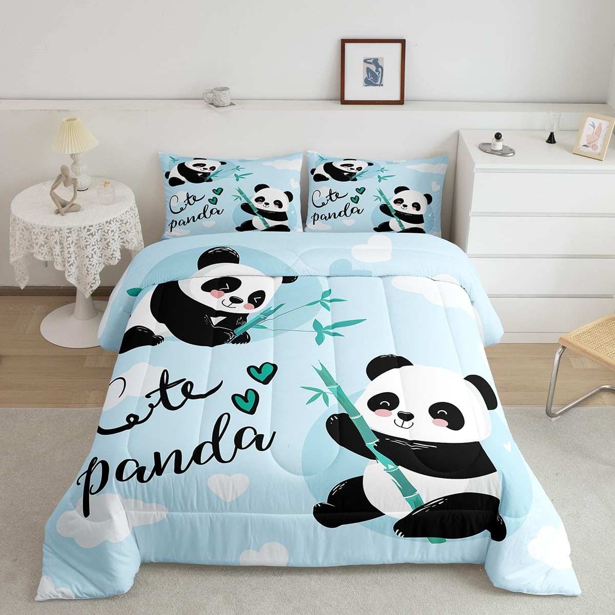 Feelyou Cute Panda Bedding Set Cartoon Panda Comforter Set for Kids Boys Girls Animal Theme Comforter Kawaii Animal Quilt Set Bl