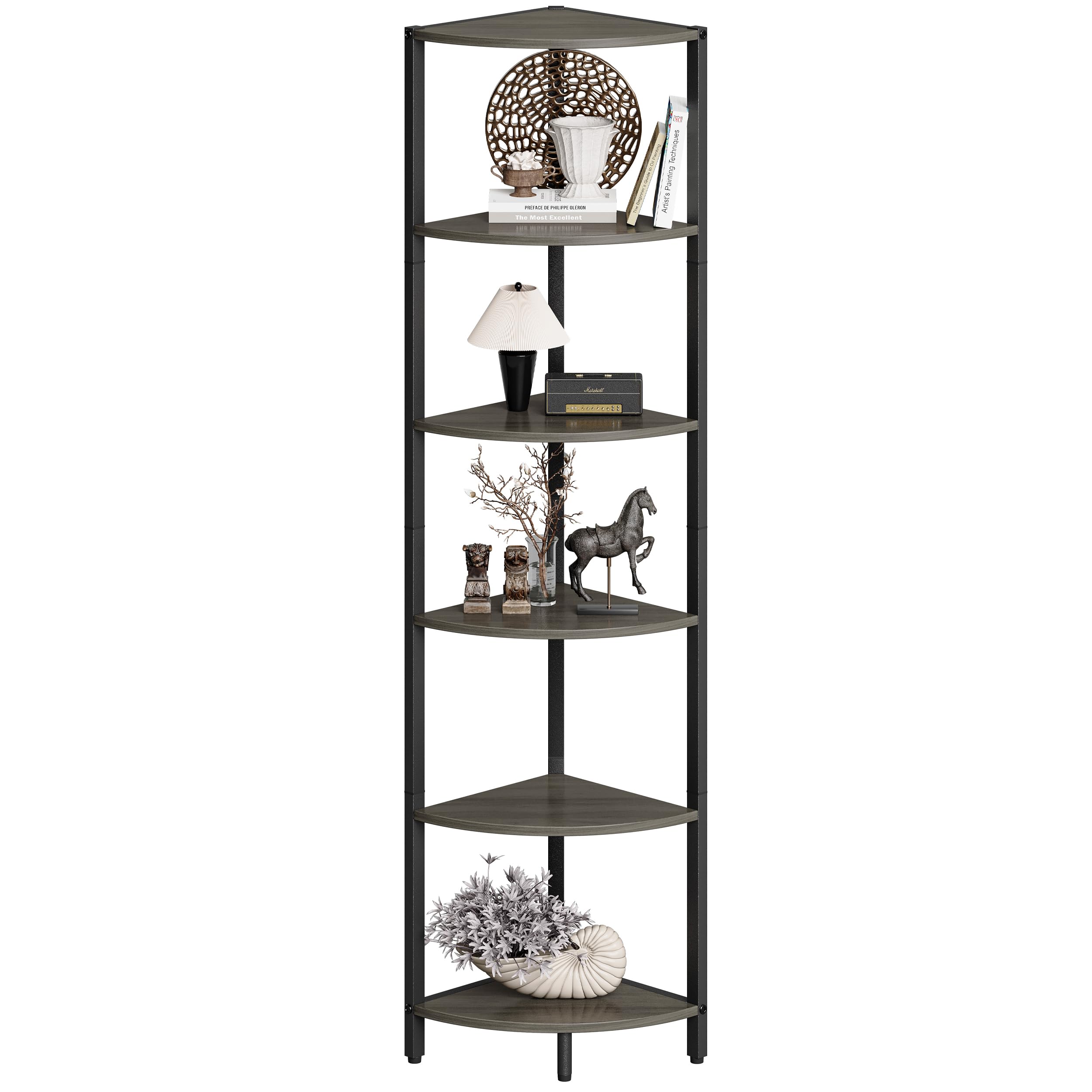 IRCPEN 6 Tier Corner Shelf 63.1 Tall Corner Shelves Stand Ladder Shelf Grey Woodgrain Industrial Standing Bookshelf Organizer Di