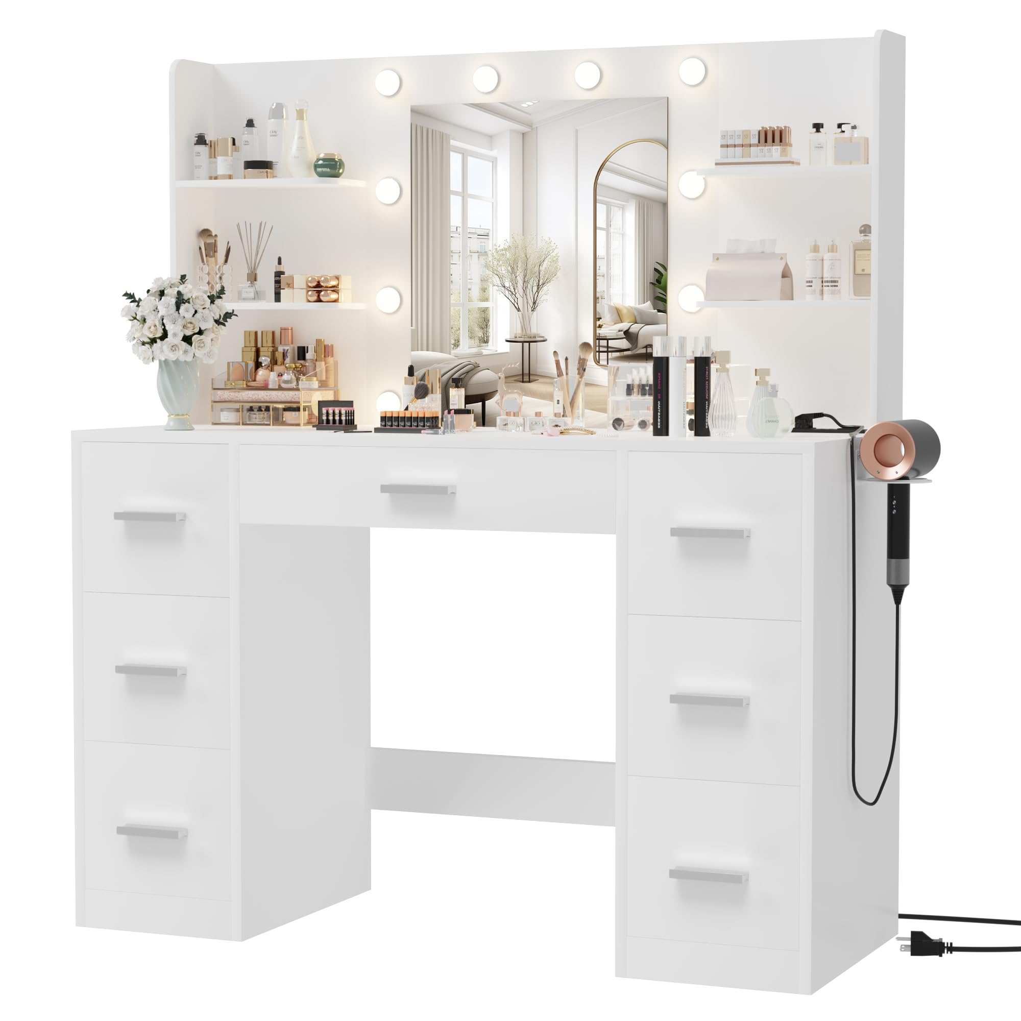 Furmax Vanity Desk with Mirror, LED Lights and Power Outlet Makeup Vanity Table with 7 Drawers and 6 Storage Shelves Dressing Ta
