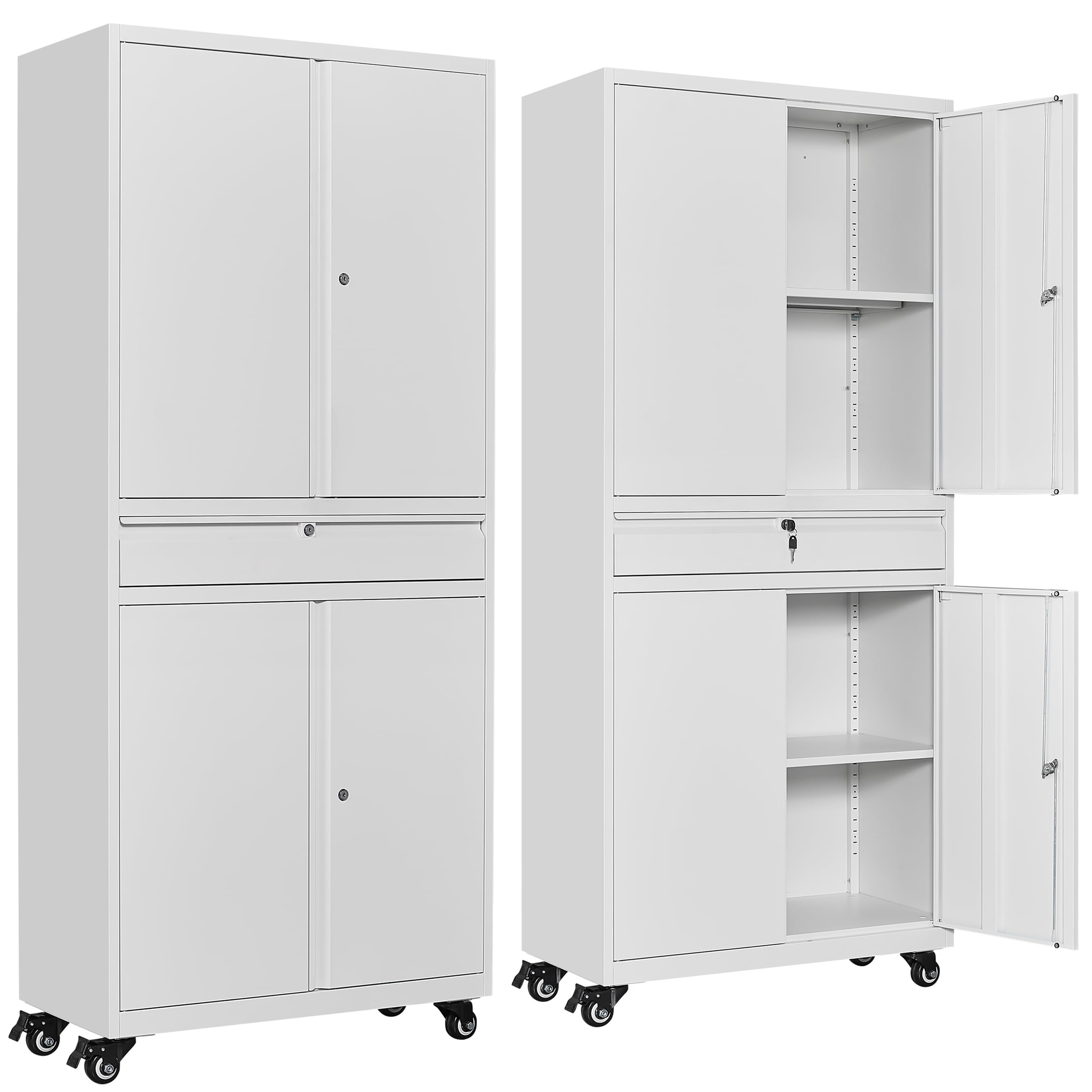 SISESOL White Metal Storage Cabinet with 4 Wheels and 1 Drawer,Rolling Garage Cabinet with Locking Doors and Adjustable Shelves,