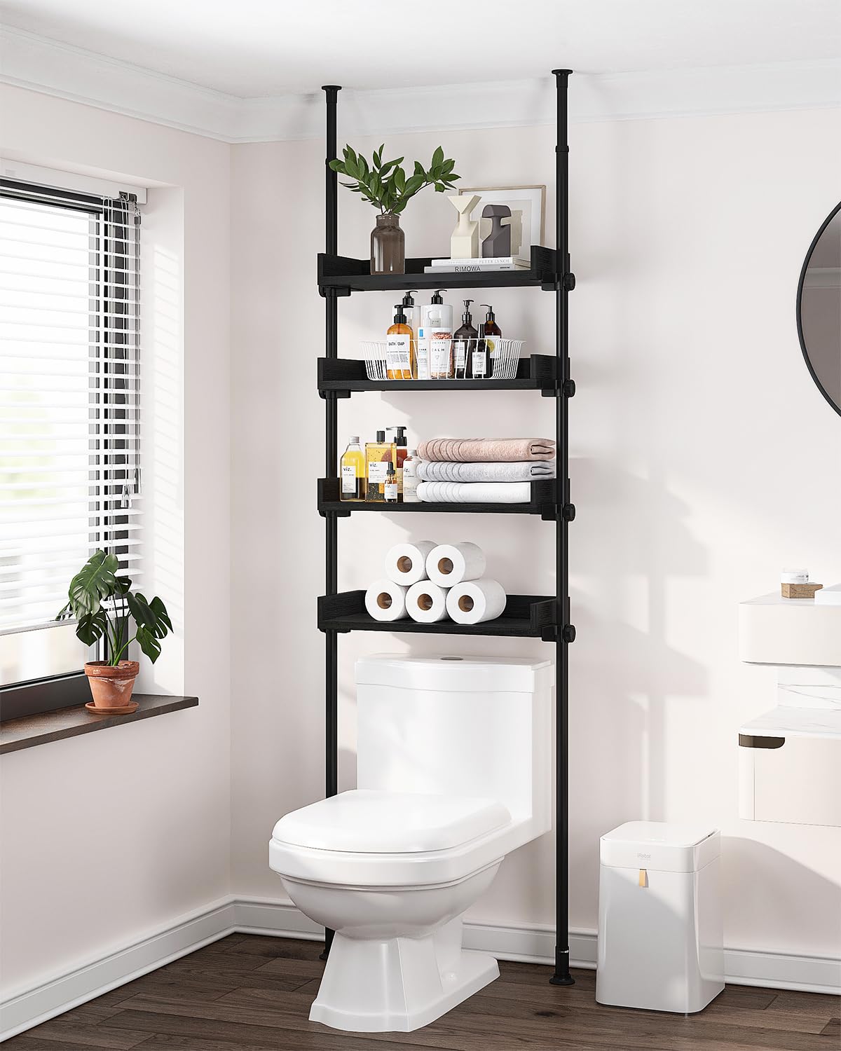 ALLZONE 4 Tier Over The Toilet Storage, Adjustable Wood Over Toilet Bathroom Organizer, Freestanding Shelves, Fit Most Showers O