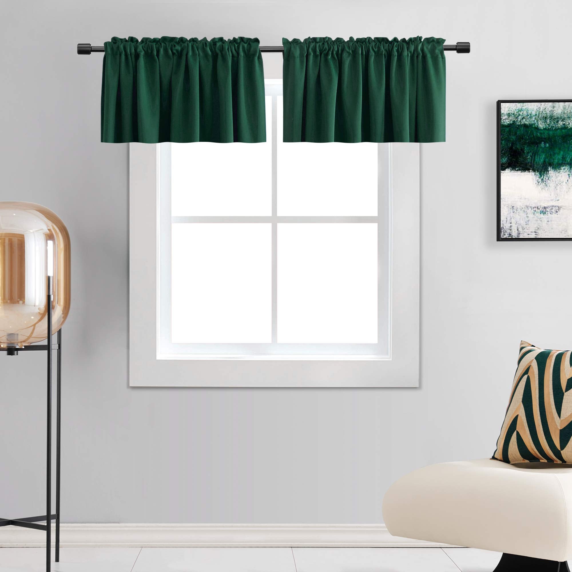 DONREN 2 Panels -15 Inch Length Dark Hunter Green Blackout Valances for Windows - Bedroom Small Window Valances for Home Decorat
