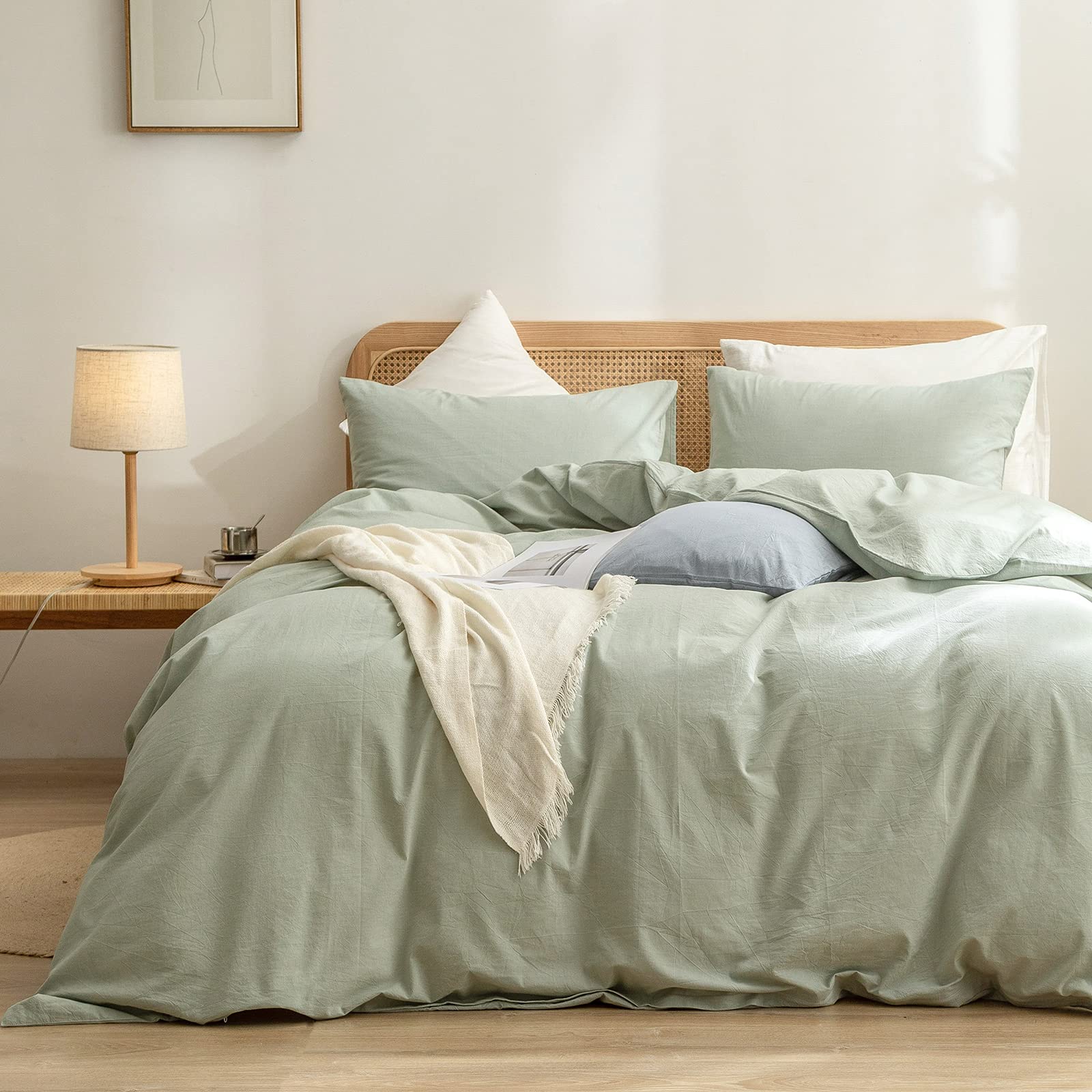BESTOUCH Duvet Cover Set 100% Washed Cotton Linen Feel Super Soft Comfortable Chic Lightweight 3 PCs Home Bedding Set Solid Sage