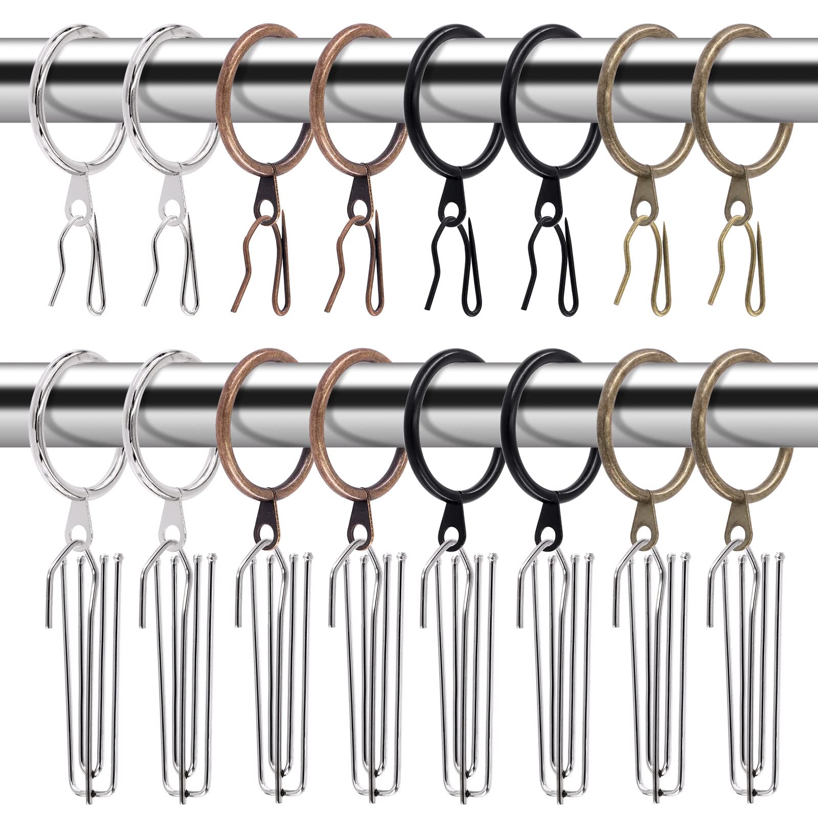 Glarks 120Pcs Antique Bronze Metal Drapery Curtain Hanging Rings with Stainless Steel 4 Prongs Curtain Pleat Hooks and Curtain P
