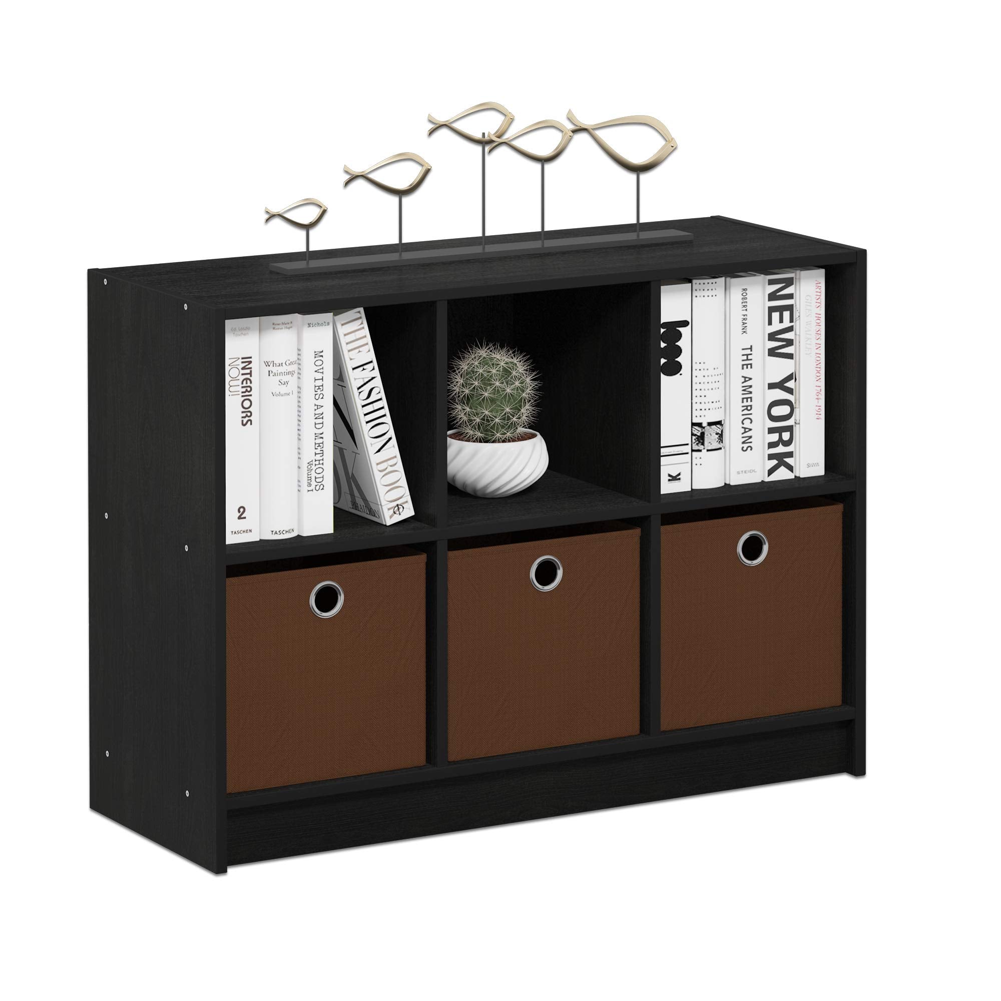 Furinno Basic 3x2 Cube Storage Bookcase Organizer with Bins, Americano/Brown