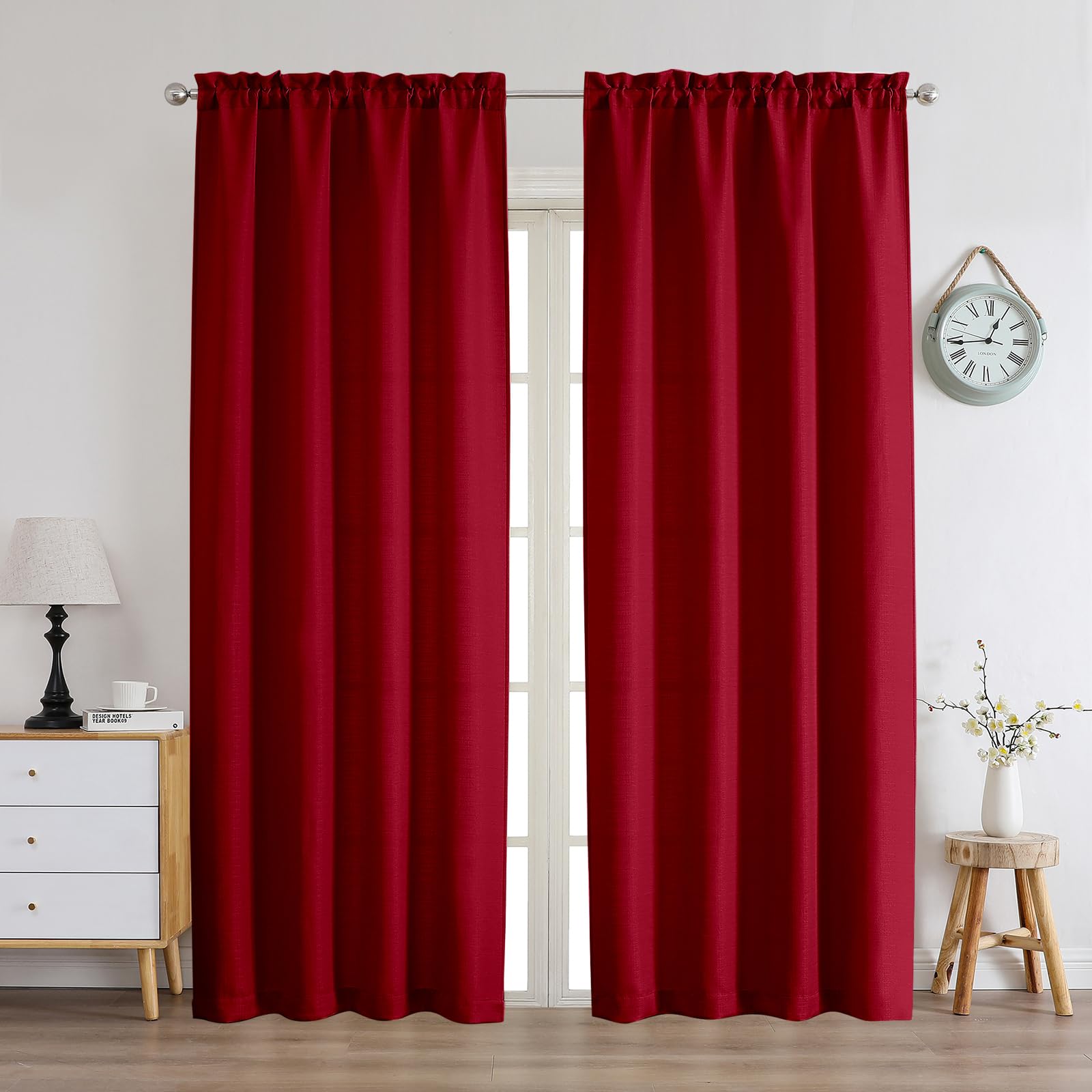Chyhomenyc Christmas Red Curtains 90 Inch Length 2 Panels Set, Faux Linen Textured Light Filtering Soft Airy Privacy Farmhouse C