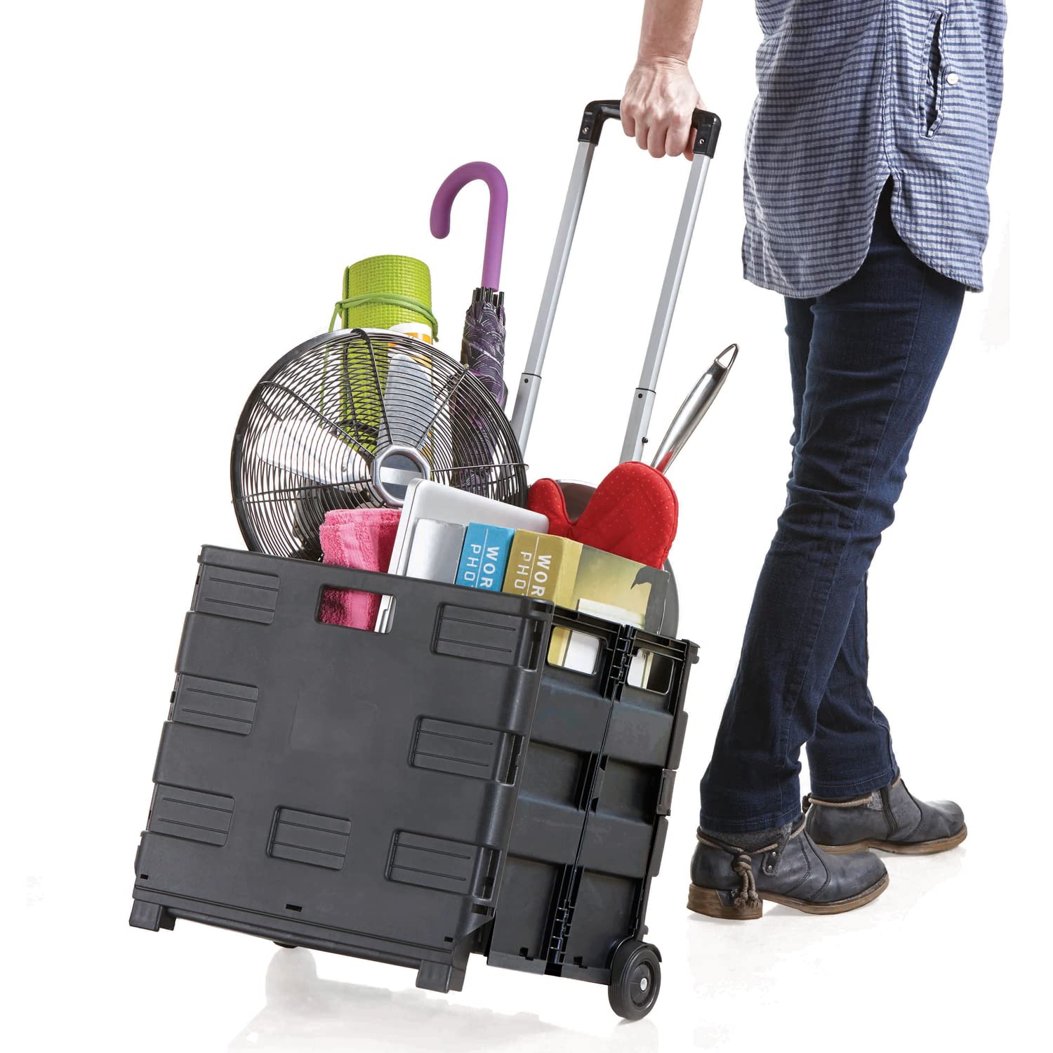 Inspired Living Collapsible Ultra-Slim Pack-N-Roll, 2 Wheel Utility Cart , With Telescopic Handle - Super Strong up to 80 Lbs Lo