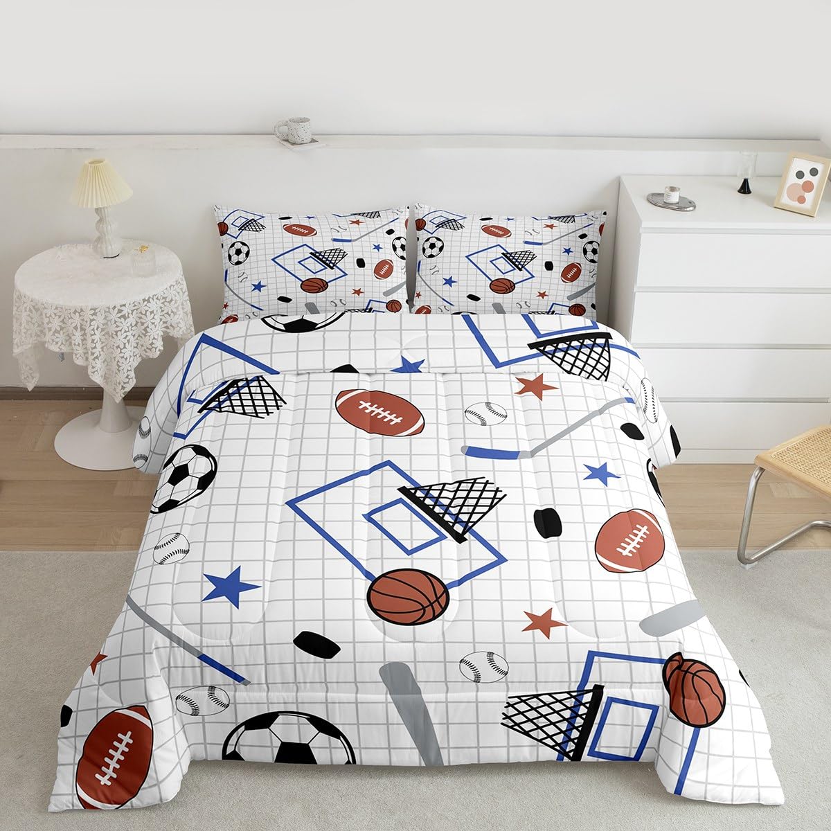 Feelyou Ball Sport Comforter Set All Season Basketball Foorball Bedding Set with 1 Pillow Cases White Blue Microfiber Kids Twin 