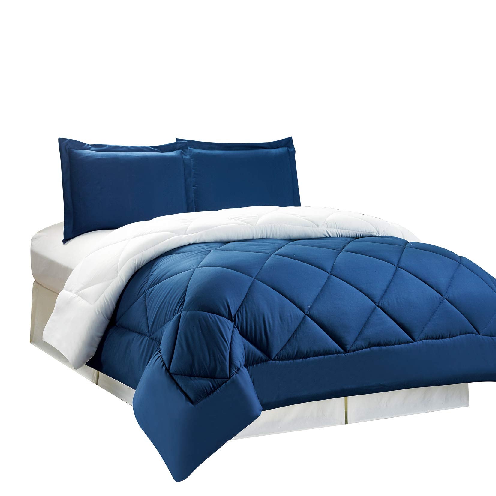 Legacy Decor 3pc Down Alternative, Reversible Comforter Set Navy Blue and White, Fits Full and Queen Size Beds