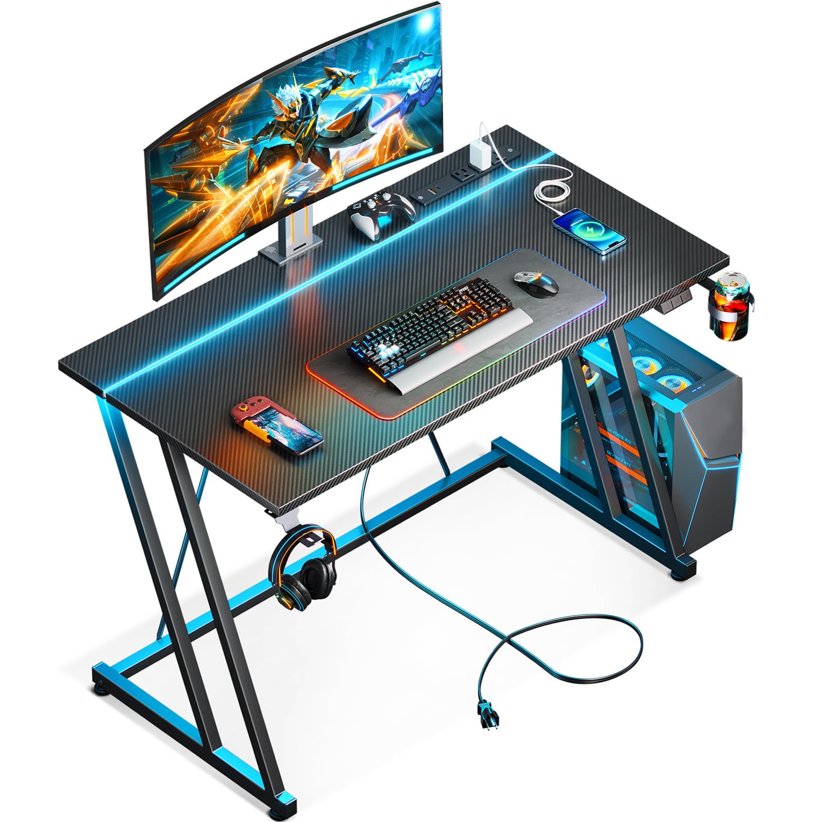 MOTPK Small Gaming Desk with LED Lights & Power Outlet, Computer Desk 39inch for Small Space, Cheap Gaming Table with Carbon Fib