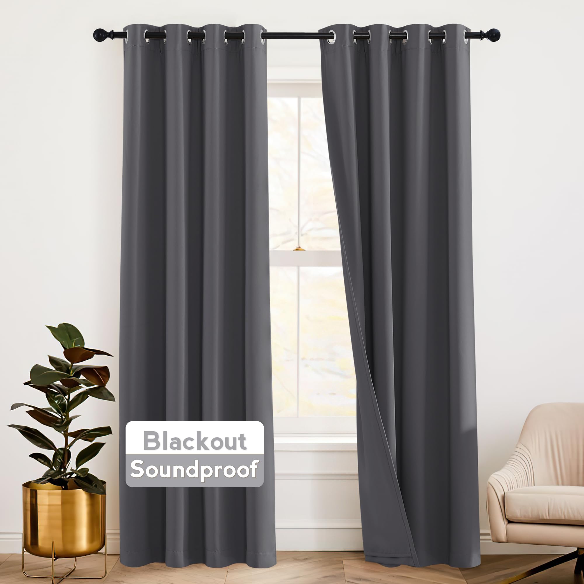 RYB HOME Soundproof Curtains 84 inches - 3 Layers Blackout Curtains Noise Cancelling Thermal Insulted Drapes for Door Window Liv
