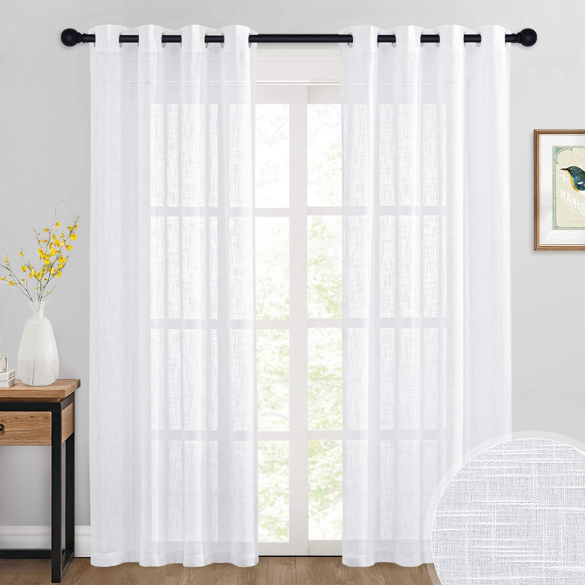 RYB HOME White Curtains Sheer - Linen Textured Wave Semi Sheer Farmhouse Window Curtain Set for Bedroom Living Room Office Diffu
