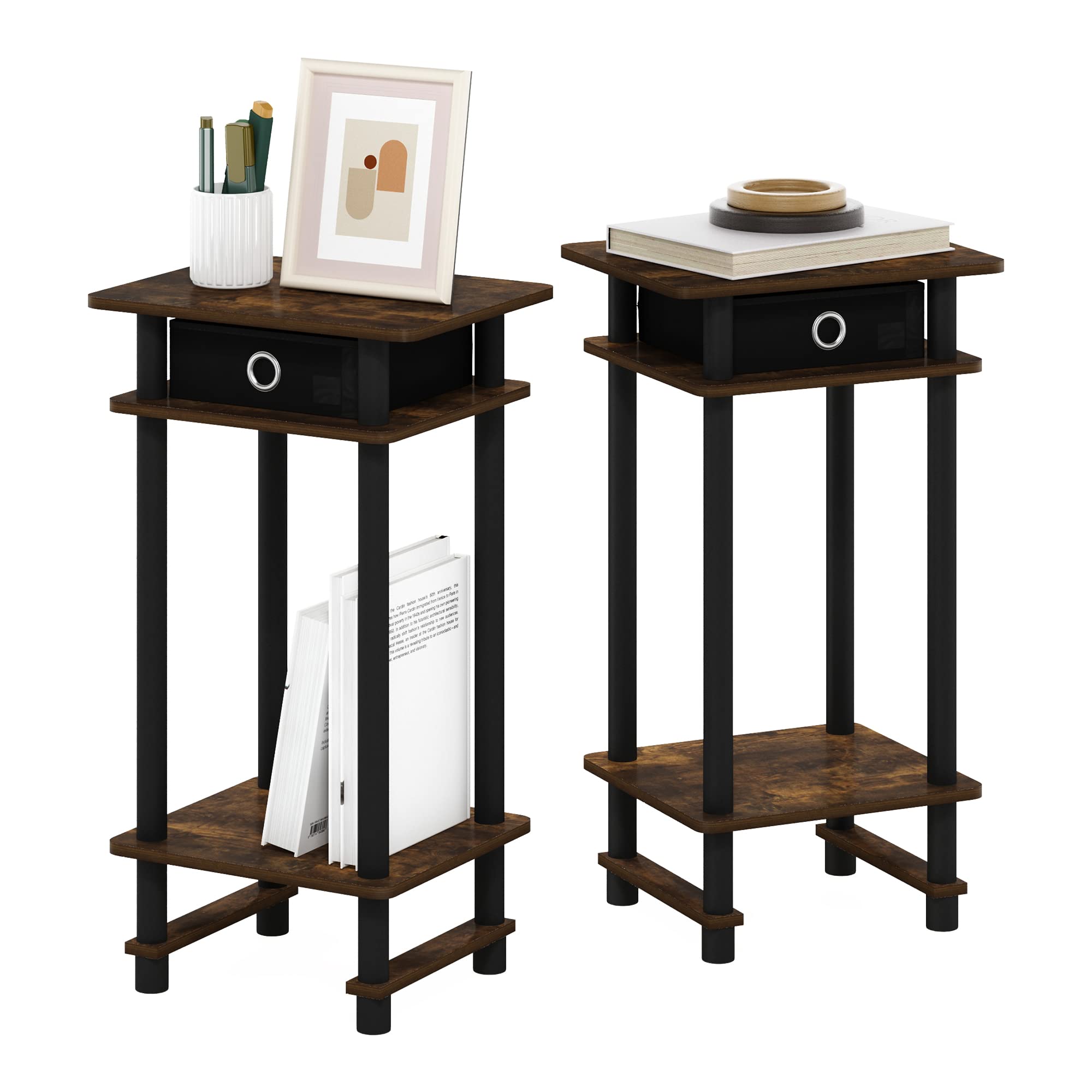 Furinno Turn-N-Tube Tall End Side Night Stand/Bedside Table with Bin Drawer, 2-Pack, Amber Pine/Black/Black